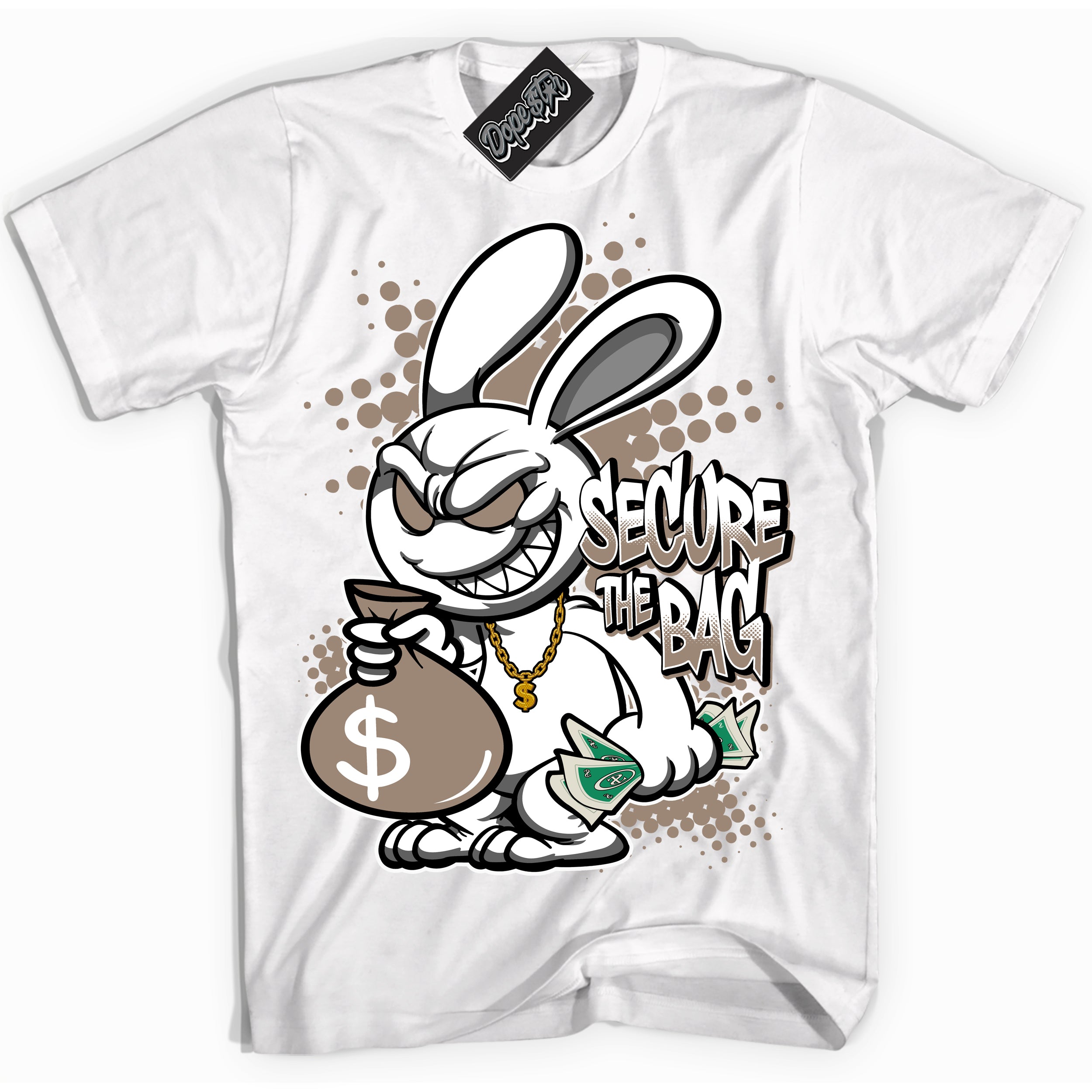 Cool White Shirt with “ Secure The Bag ” design that perfectly matches Latte 1s Sneakers.