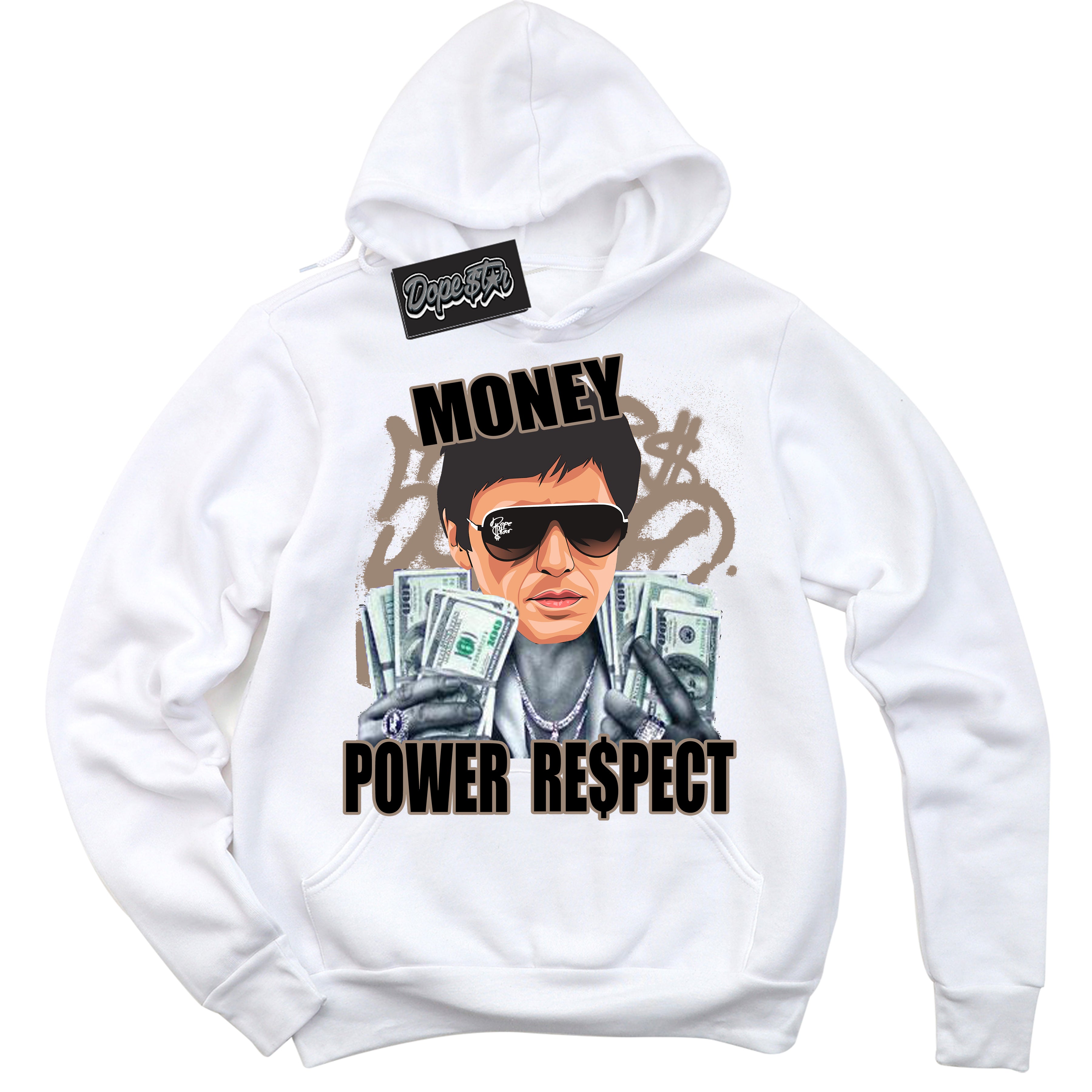 Cool White Hoodie with “ Tony Montana ” design that Perfectly Matches Latte 1s Sneakers.