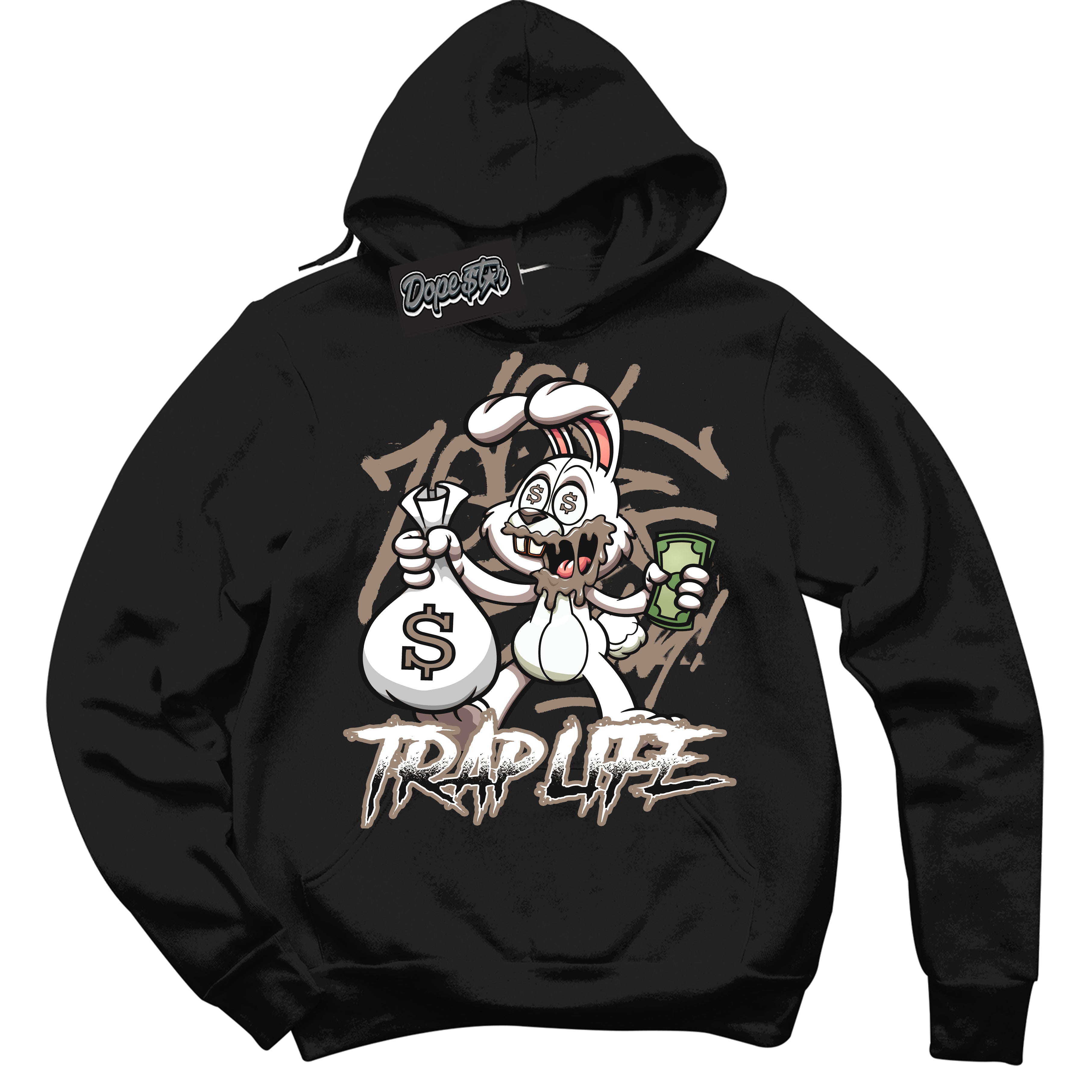 Cool Black Hoodie with “ Trap Rabbit ” design that Perfectly Matches Latte 1s Sneakers.