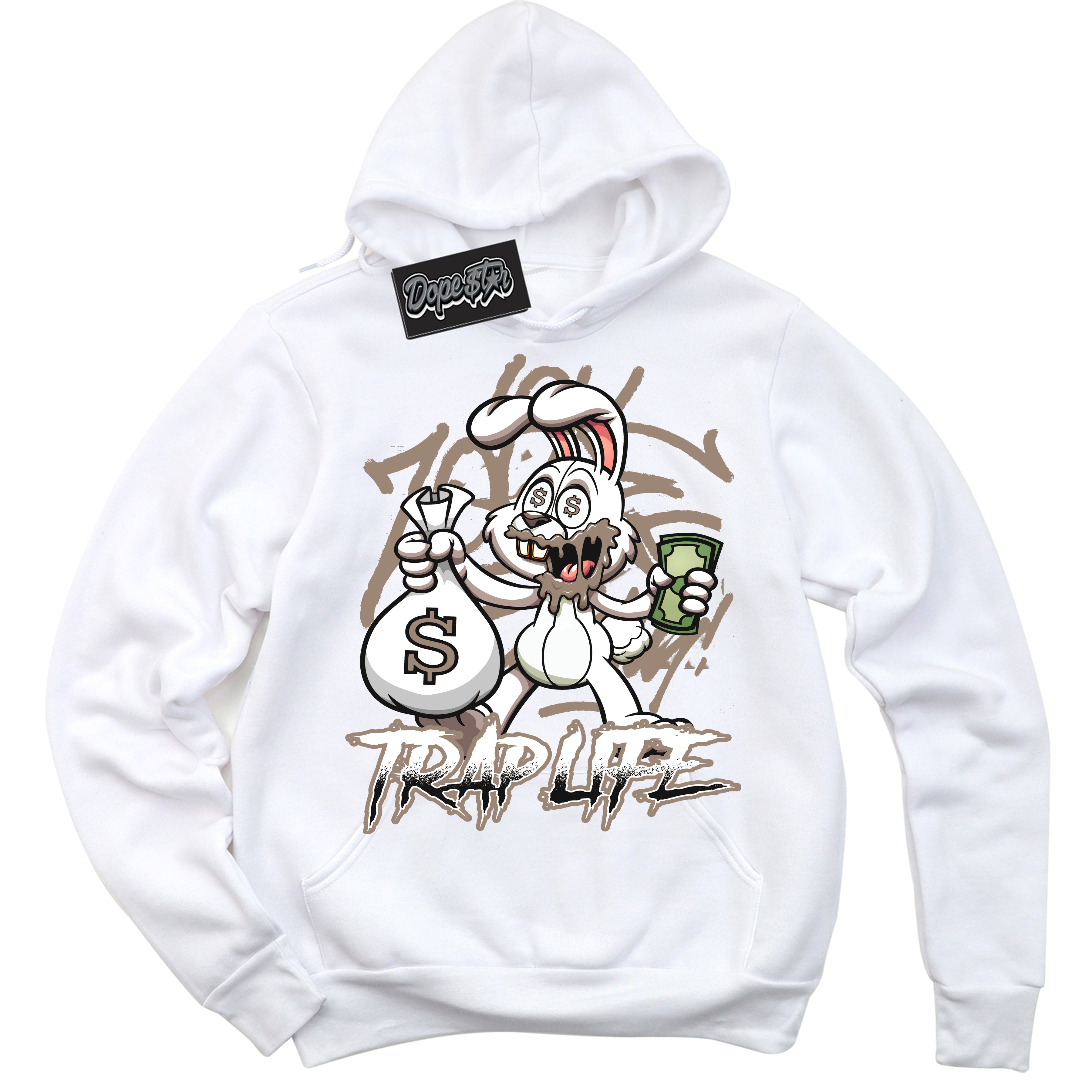 Cool White Hoodie with “ Trap Rabbit ” design that Perfectly Matches Latte 1s Sneakers.