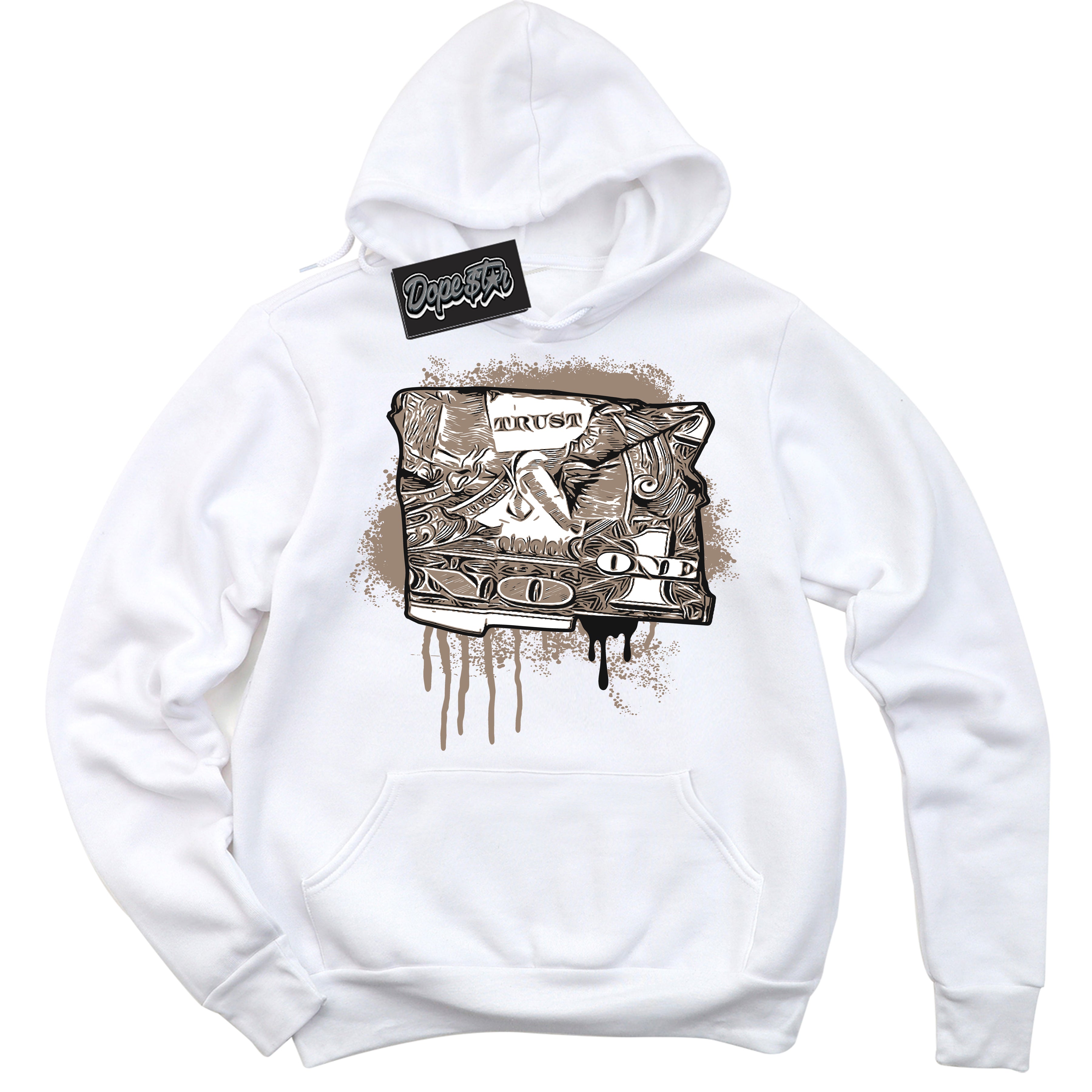 Cool White Hoodie with “ Trust No One Dollar ” design that Perfectly Matches Latte 1s Sneakers.