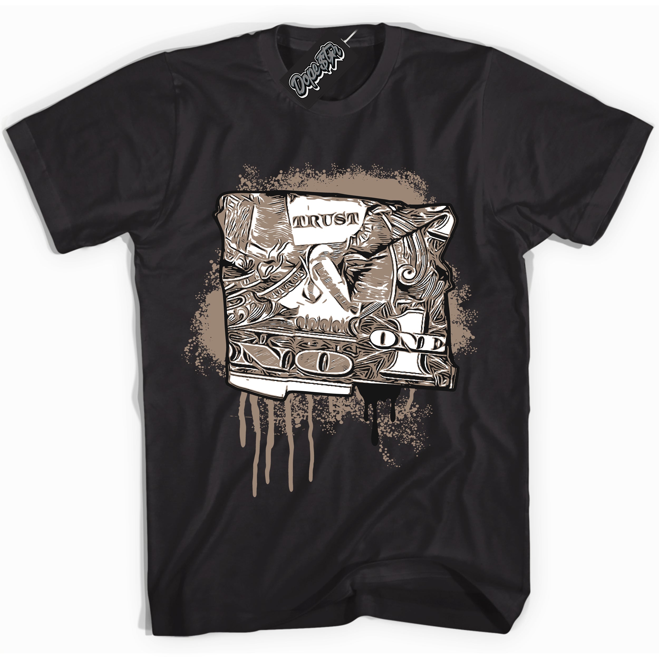 Cool Black Shirt with “ Trust No One Dollar ” design that perfectly matches Latte 1s Sneakers.