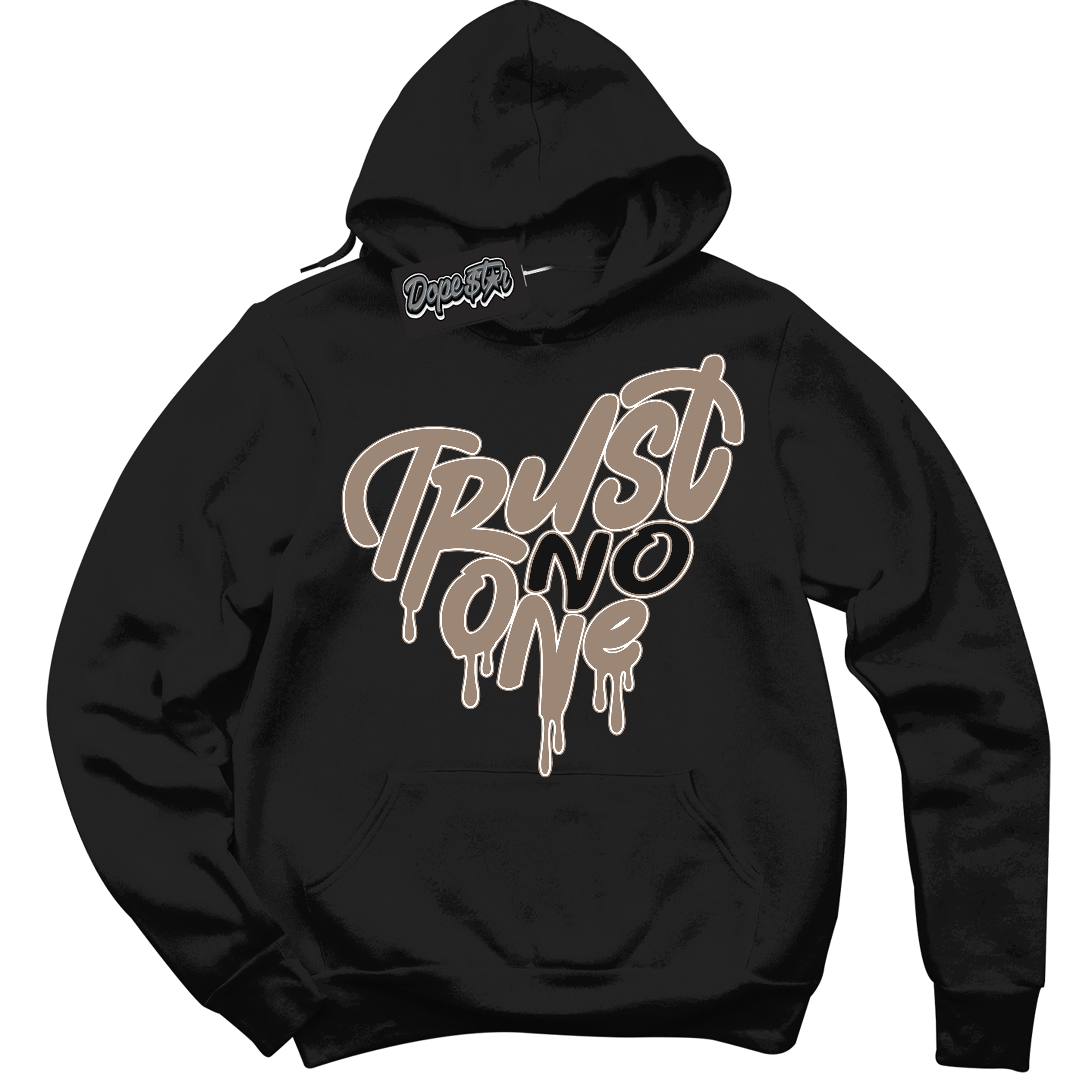 Cool Black Hoodie with “ Trust No One Heart ” design that Perfectly Matches Latte 1s Sneakers.