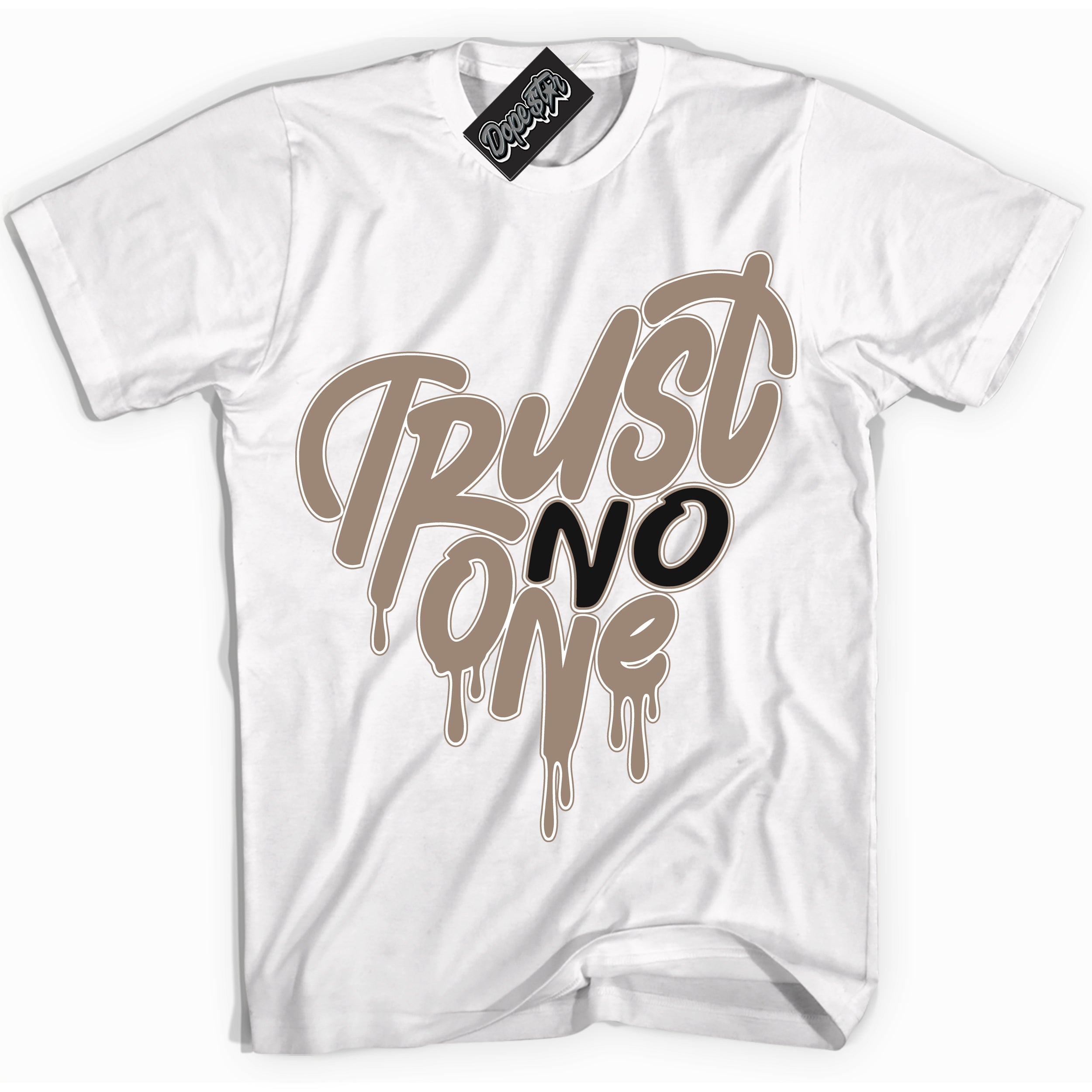 Cool White Shirt with “ Trust No One Heart ” design that perfectly matches Latte 1s Sneakers.