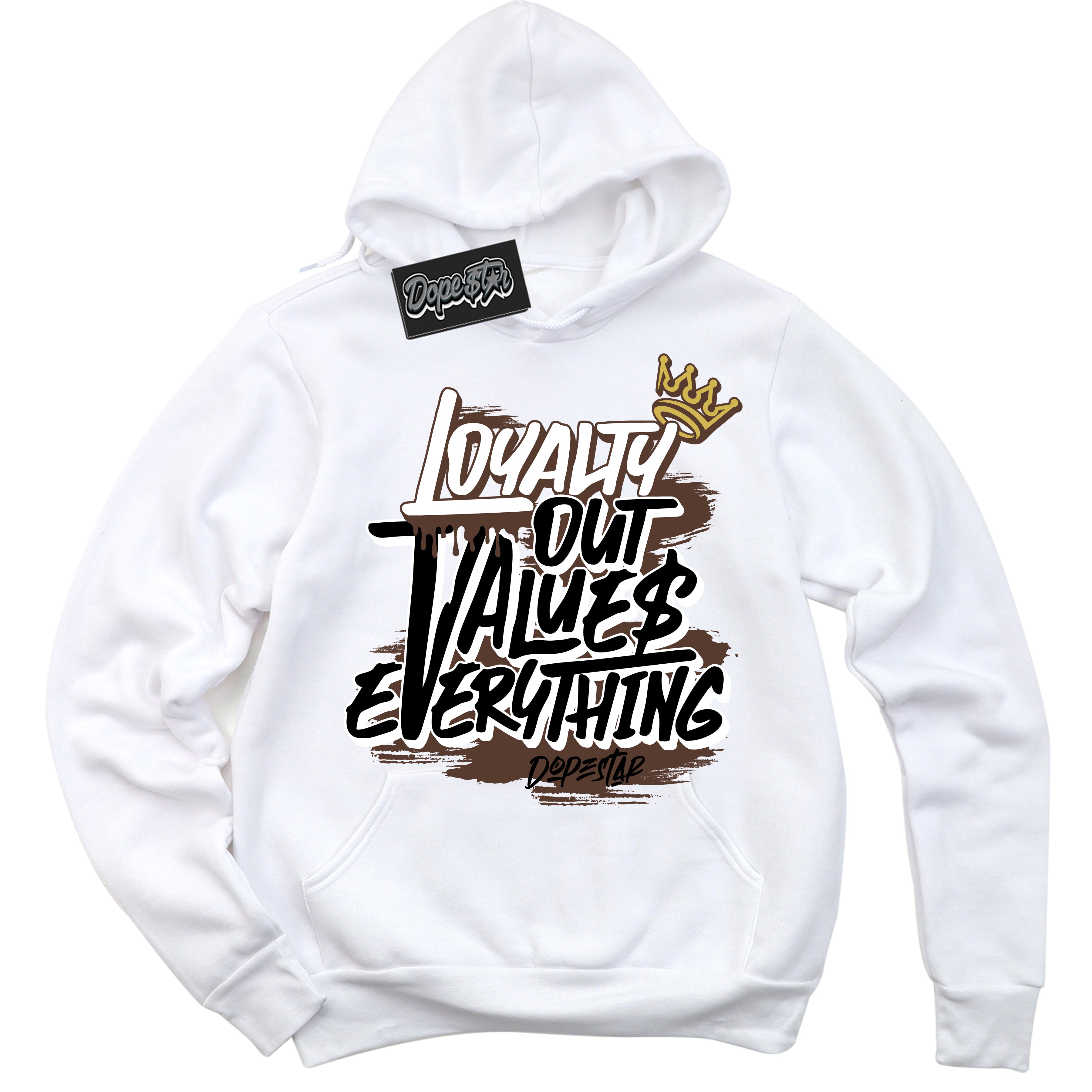Cool White Hoodie with “ Loyalty Out Values Everything ”  design that Perfectly Matches Palomino 1s Sneakers.