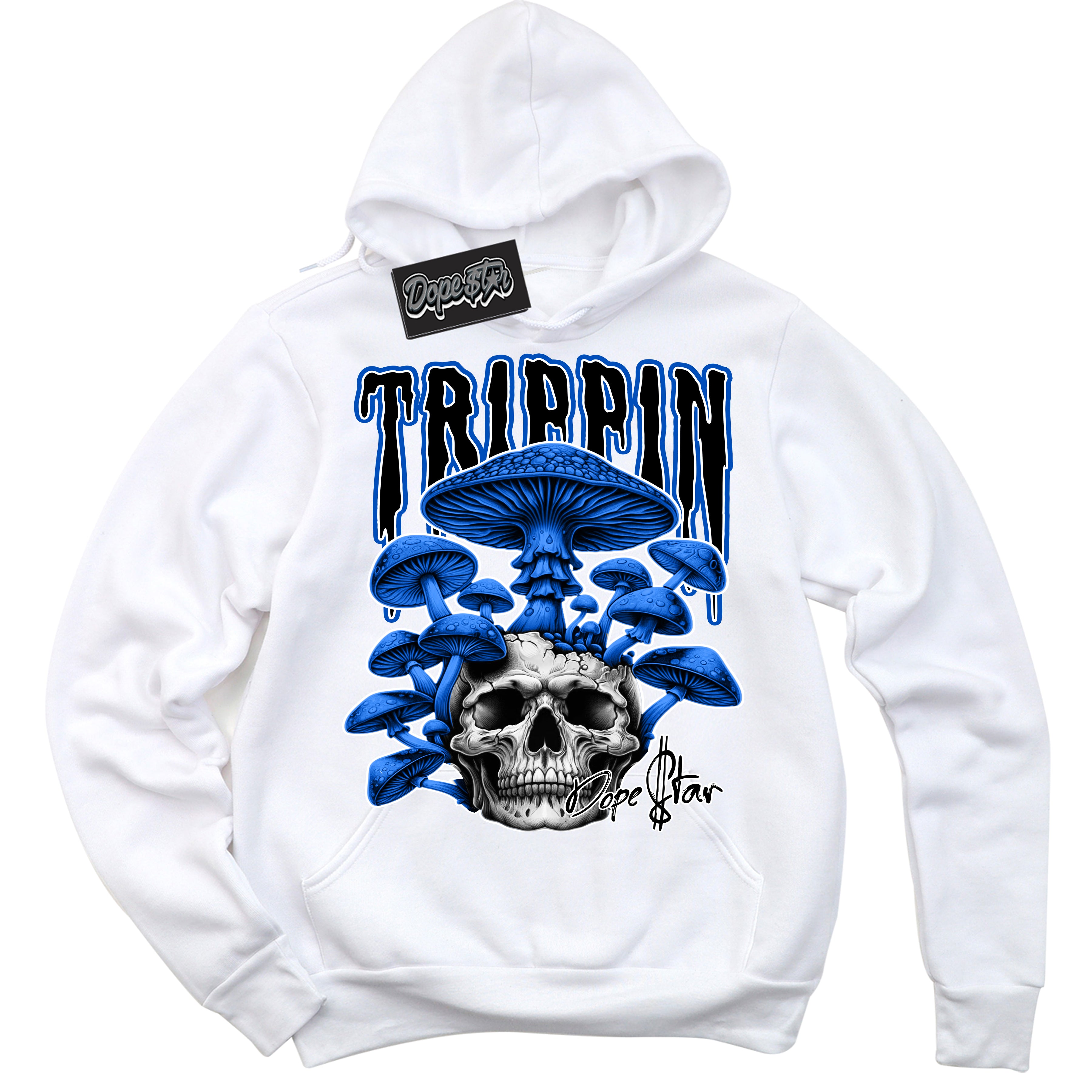 Cool White Hoodie with “Trippin” design that Perfectly Matches Royal Reimagined 1s Jordans.