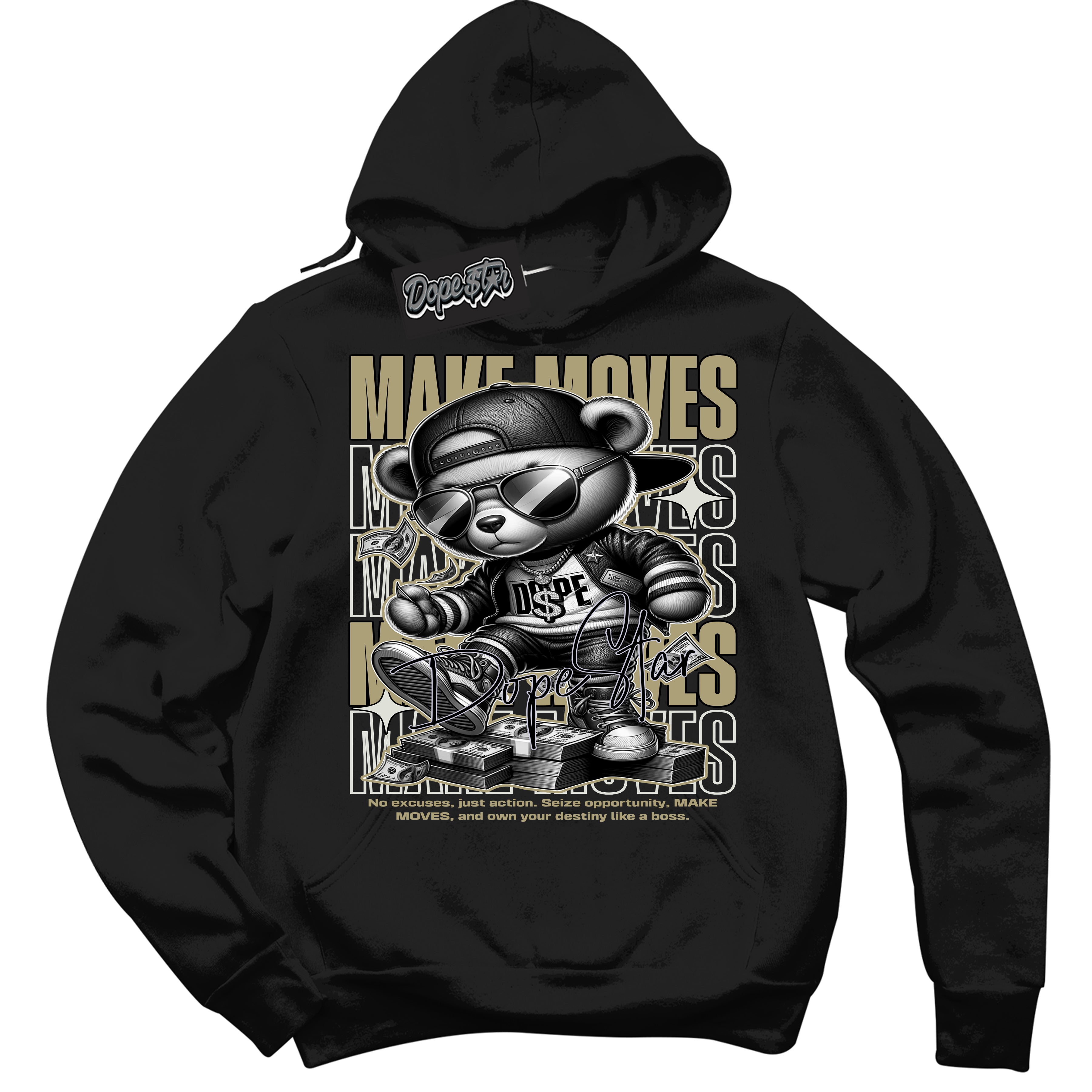 Cool Black Hoodie with “ Makin Moves ”  design that Perfectly Matches Golf Travis Scott Neutral Olive 1s Sneakers.
