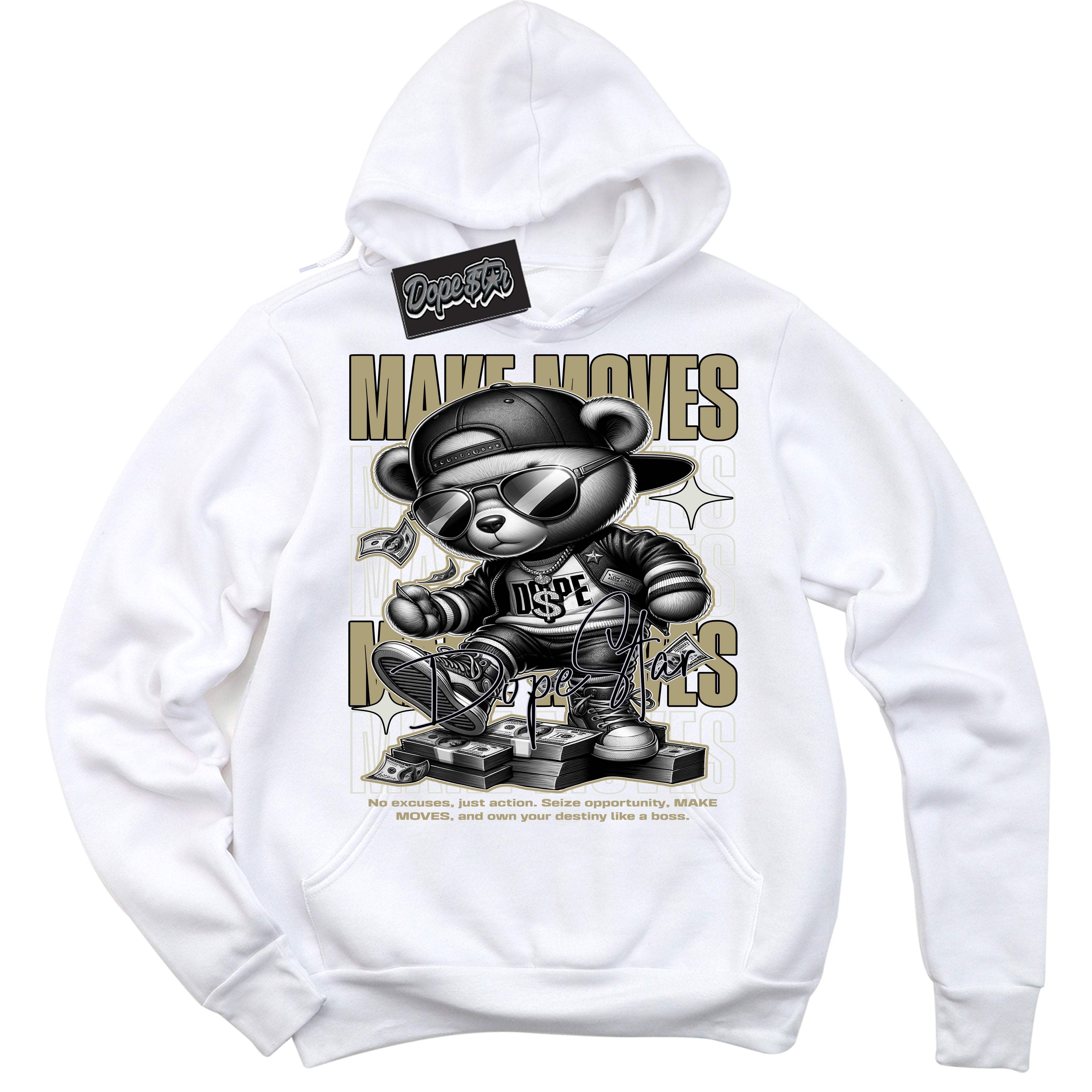 Cool White Hoodie with “ Makin Moves ”  design that Perfectly Matches Golf Travis Scott Neutral Olive 1s Sneakers.