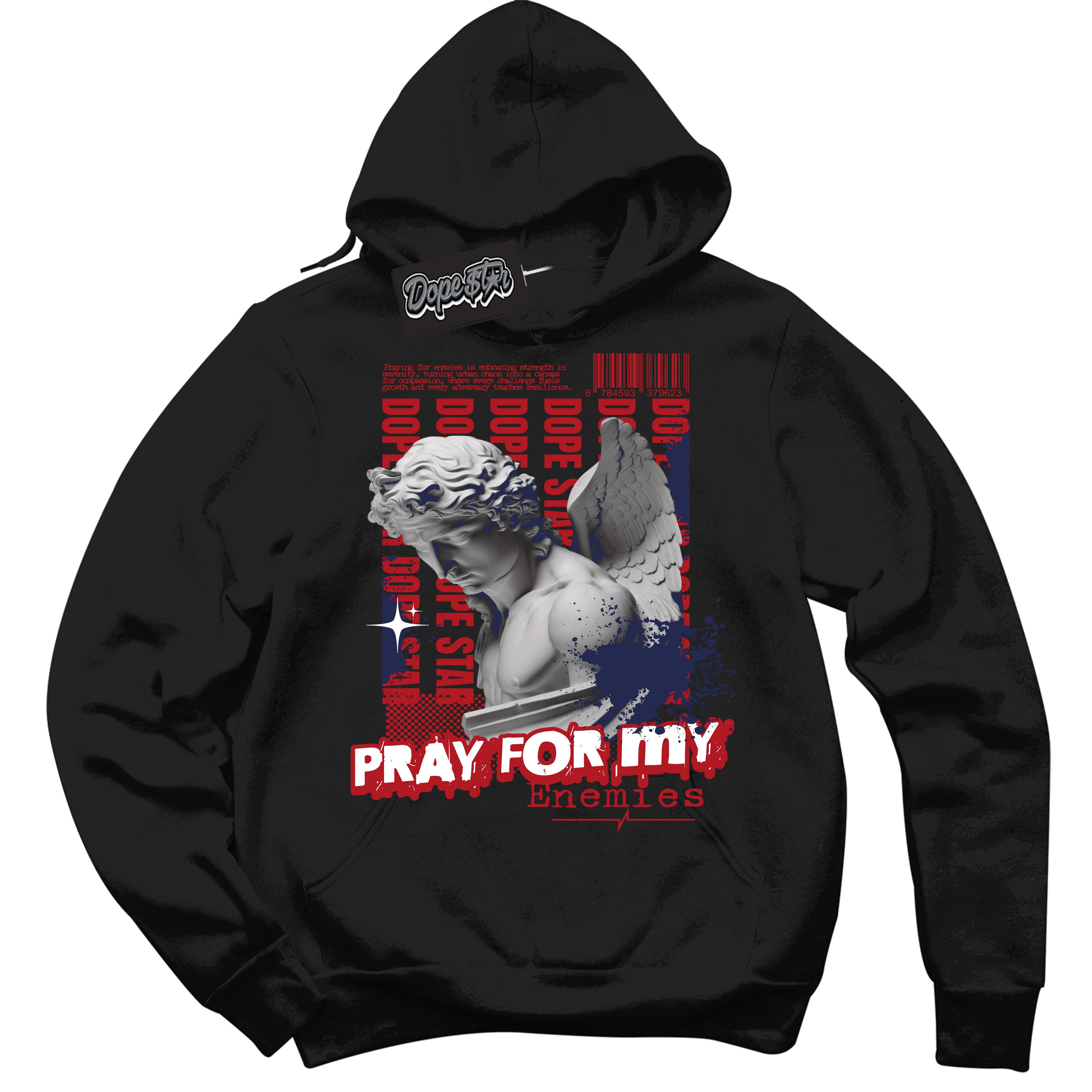 Cool Black Hoodie with “ Pray Enemies ”  design that Perfectly Matches Golf USA 1s Sneakers.
