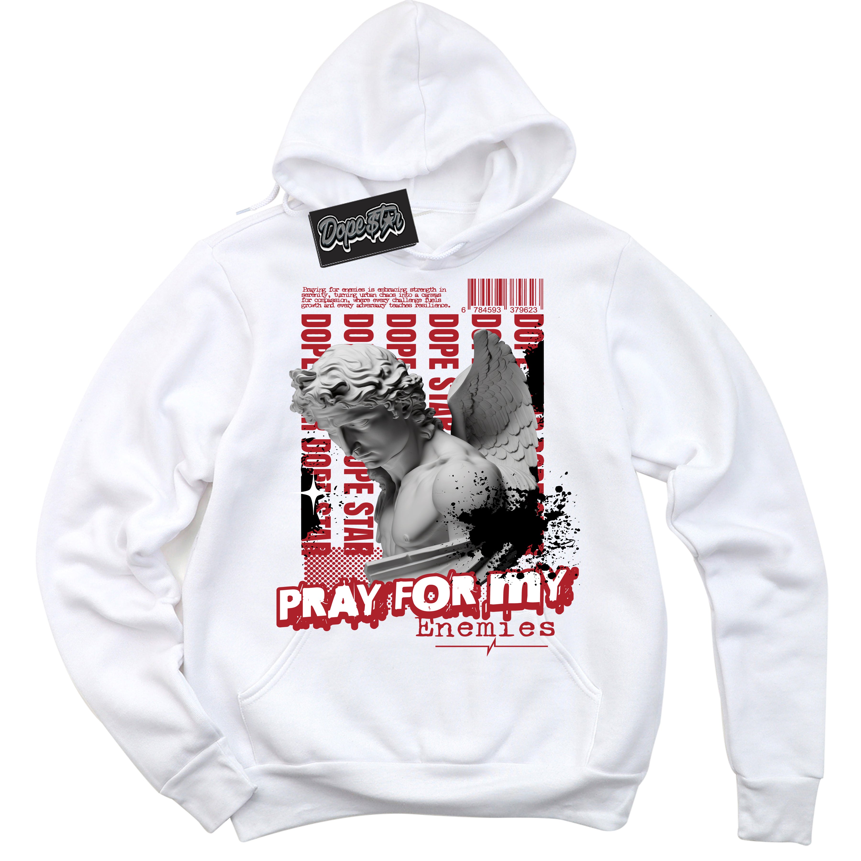 Cool White Hoodie with “ Pray Enemies ”  design that Perfectly Matches Black Toe 1s Sneakers.
