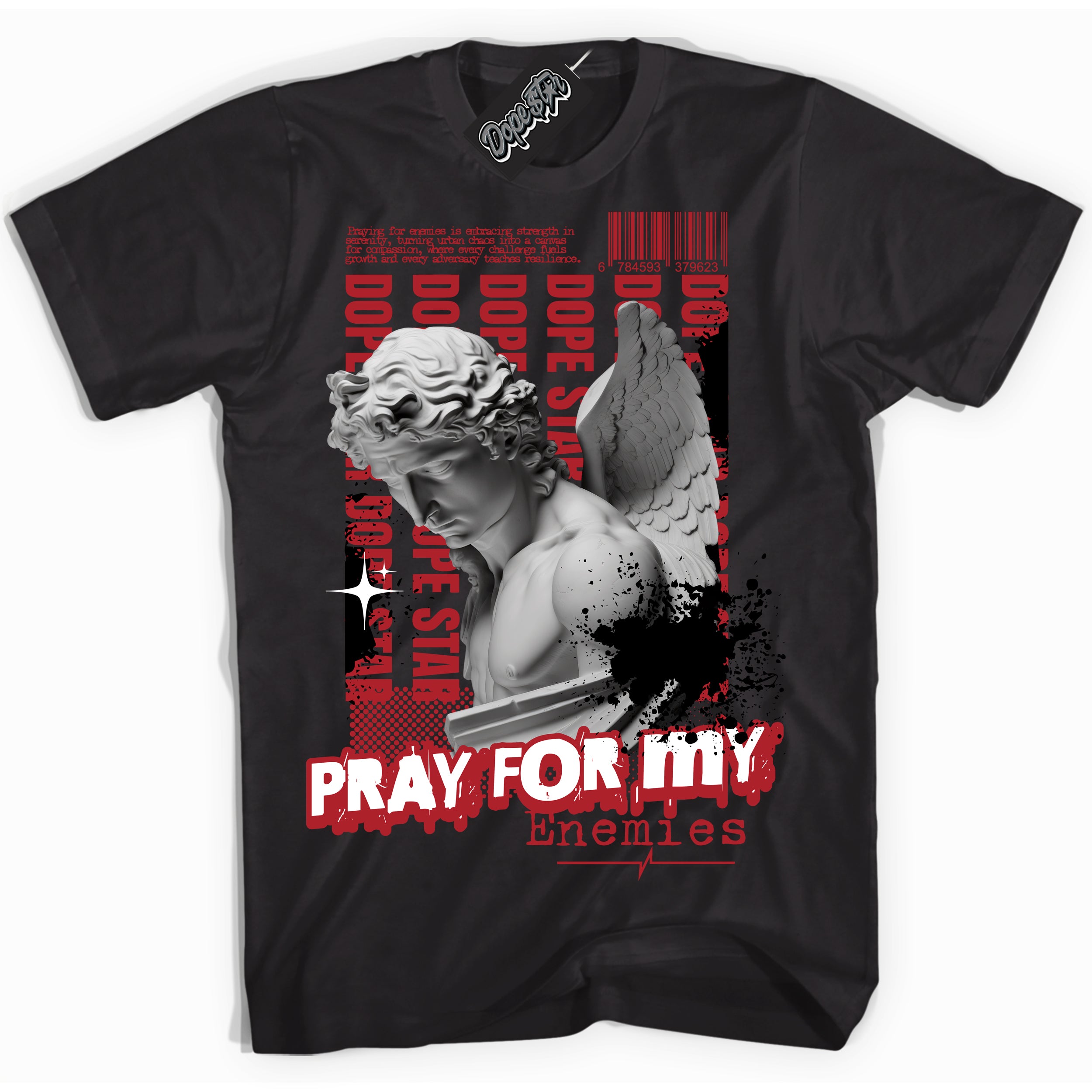 Cool Black Shirt with “ Pray Enemies” design that perfectly matches Black Toe 1s Sneakers.