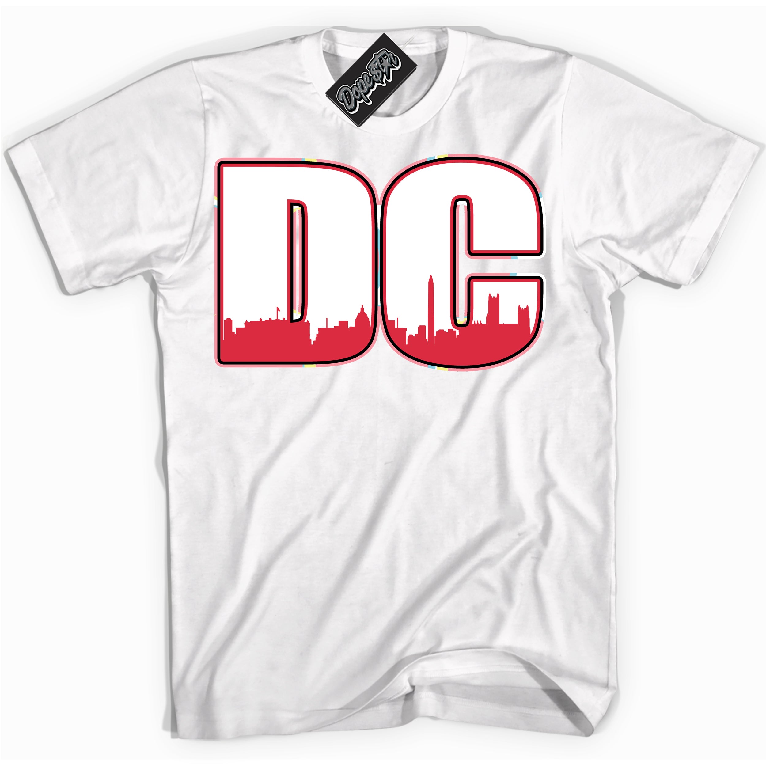 Cool White graphic tee with “ DC ” design, that perfectly matches Spider-Verse 1s sneakers