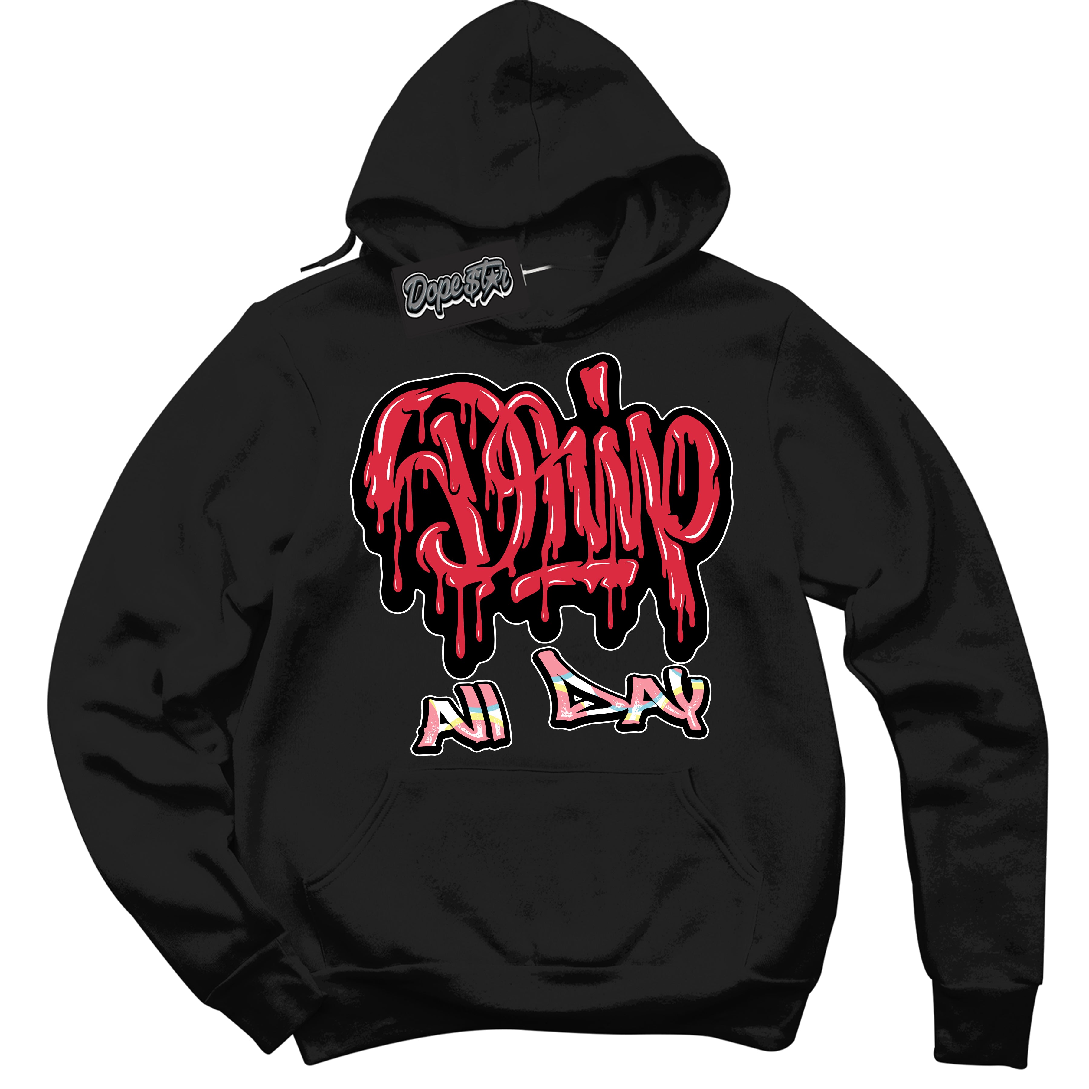 Cool Black Graphic DopeStar Hoodie with “ Drip All Day “ print, that perfectly matches Spider-Verse 1s sneakers