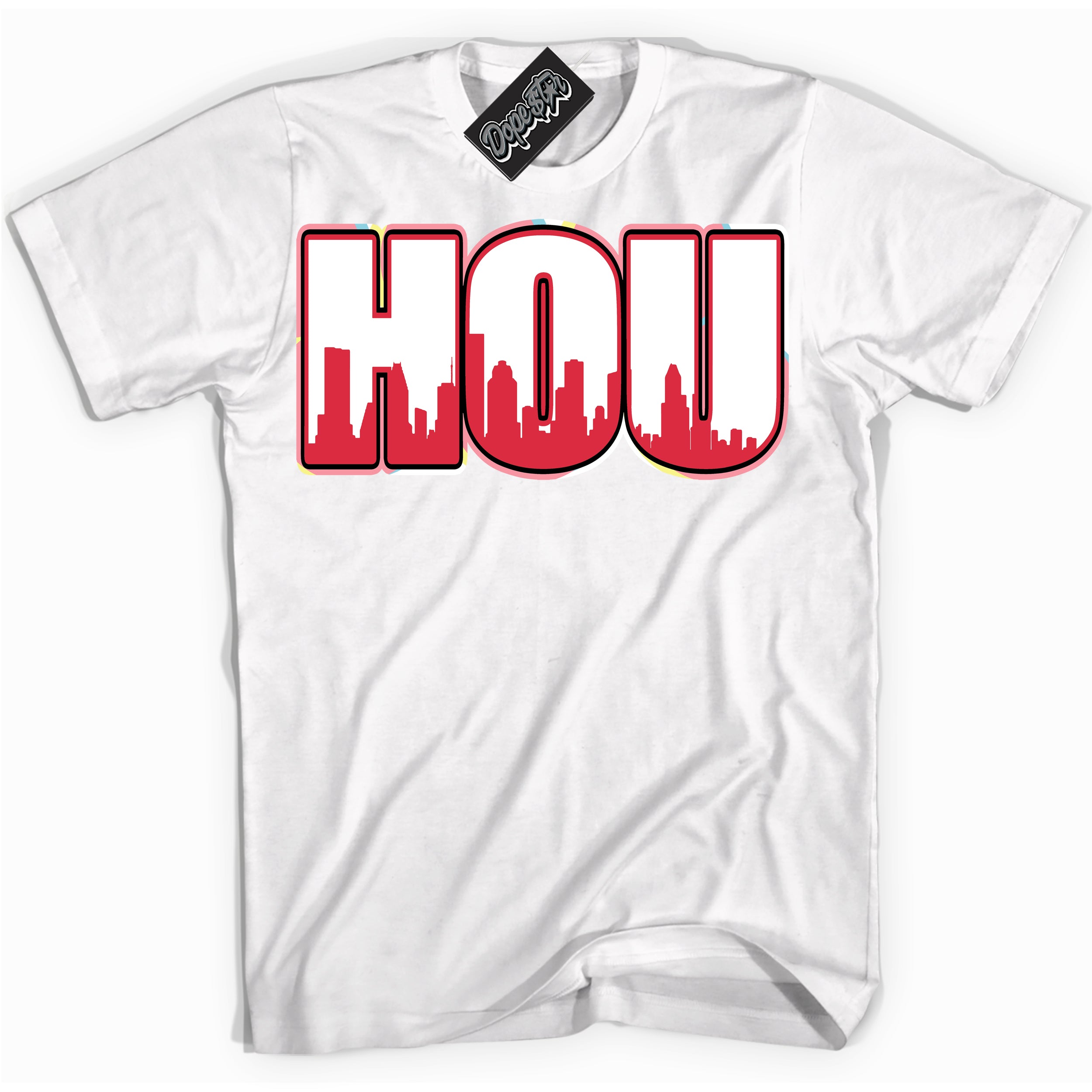 Cool White graphic tee with “ Houston ” design, that perfectly matches Spider-Verse 1s sneakers