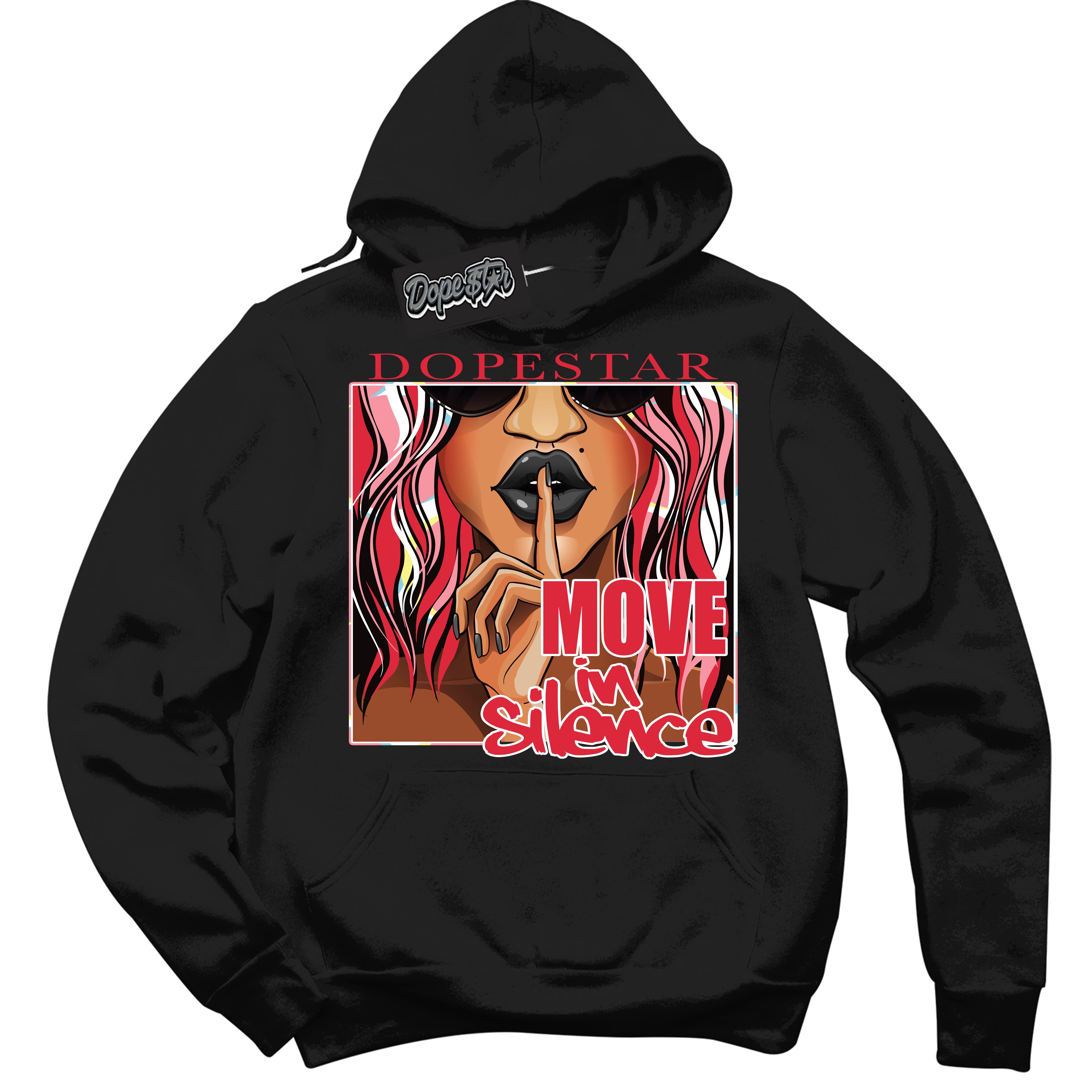 Cool Black Graphic DopeStar Hoodie with “ Move In Silence “ print, that perfectly matches Spider-Verse 1s sneakers