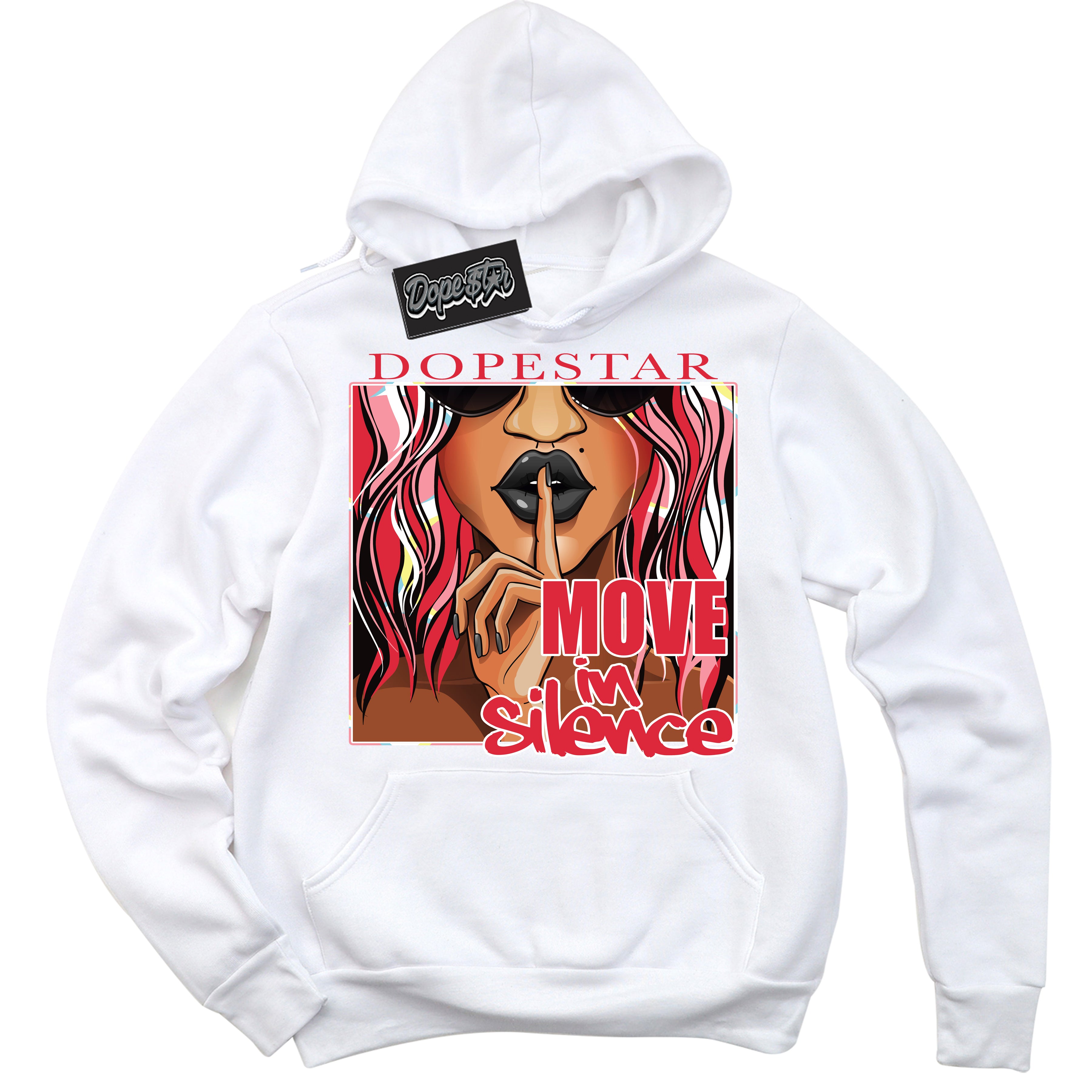 Cool White Graphic DopeStar Hoodie with “ Move In Silence “ print, that perfectly matches Spider-Verse 1s sneakers