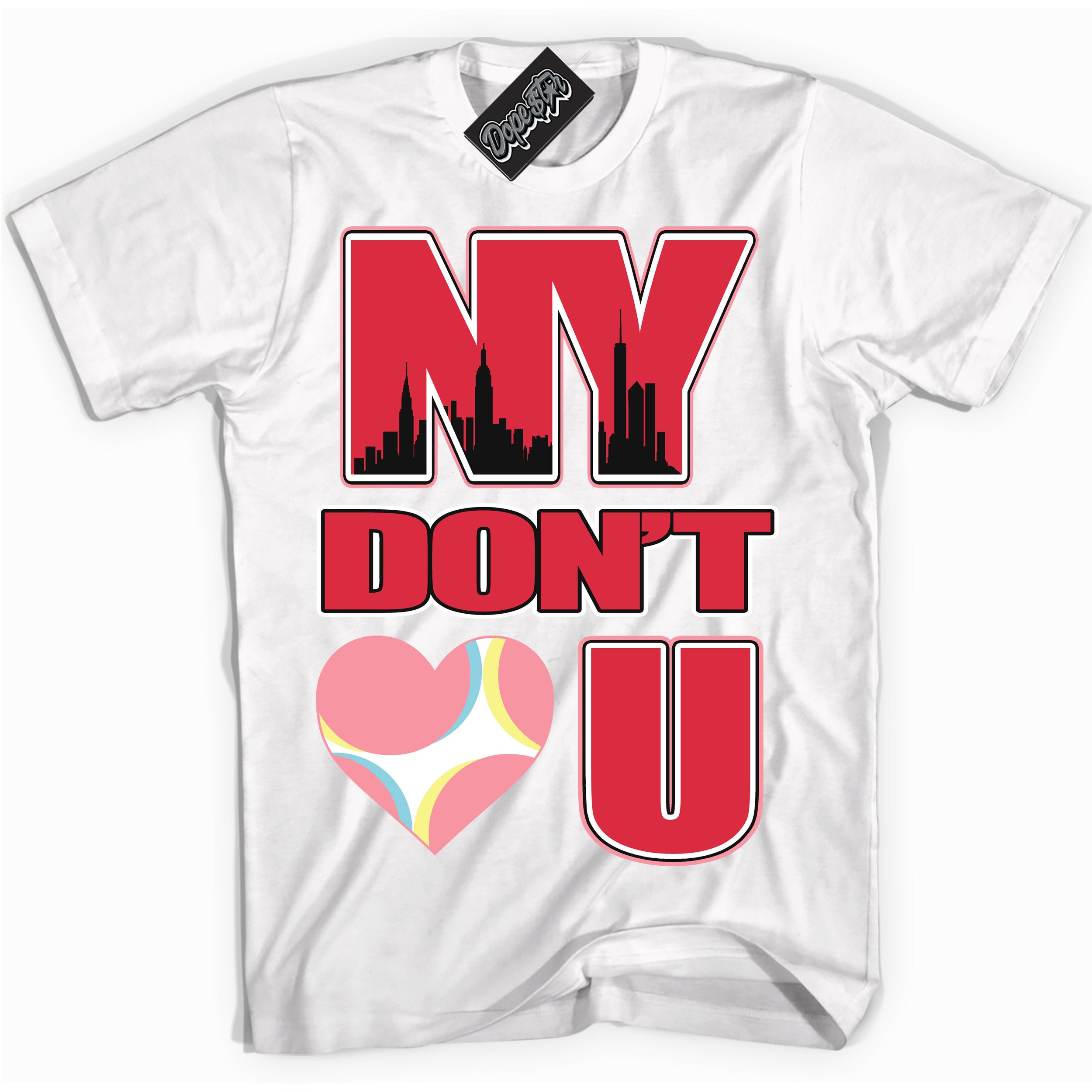 Cool White graphic tee with “ NY Don't Love You ” design, that perfectly matches Spider-Verse 1s sneakers