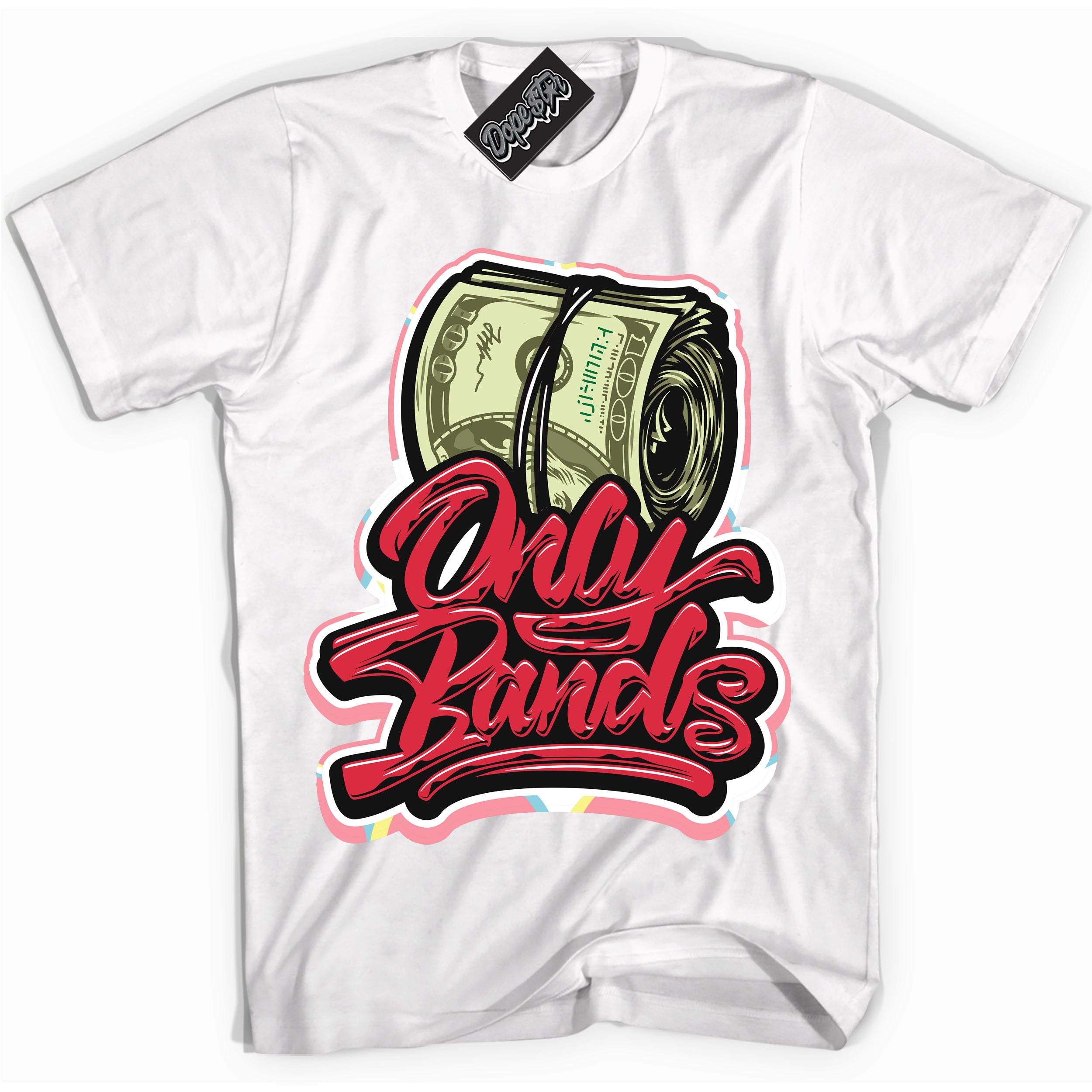 Cool White graphic tee with “ Only Bands ” design, that perfectly matches Spider-Verse 1s sneakers