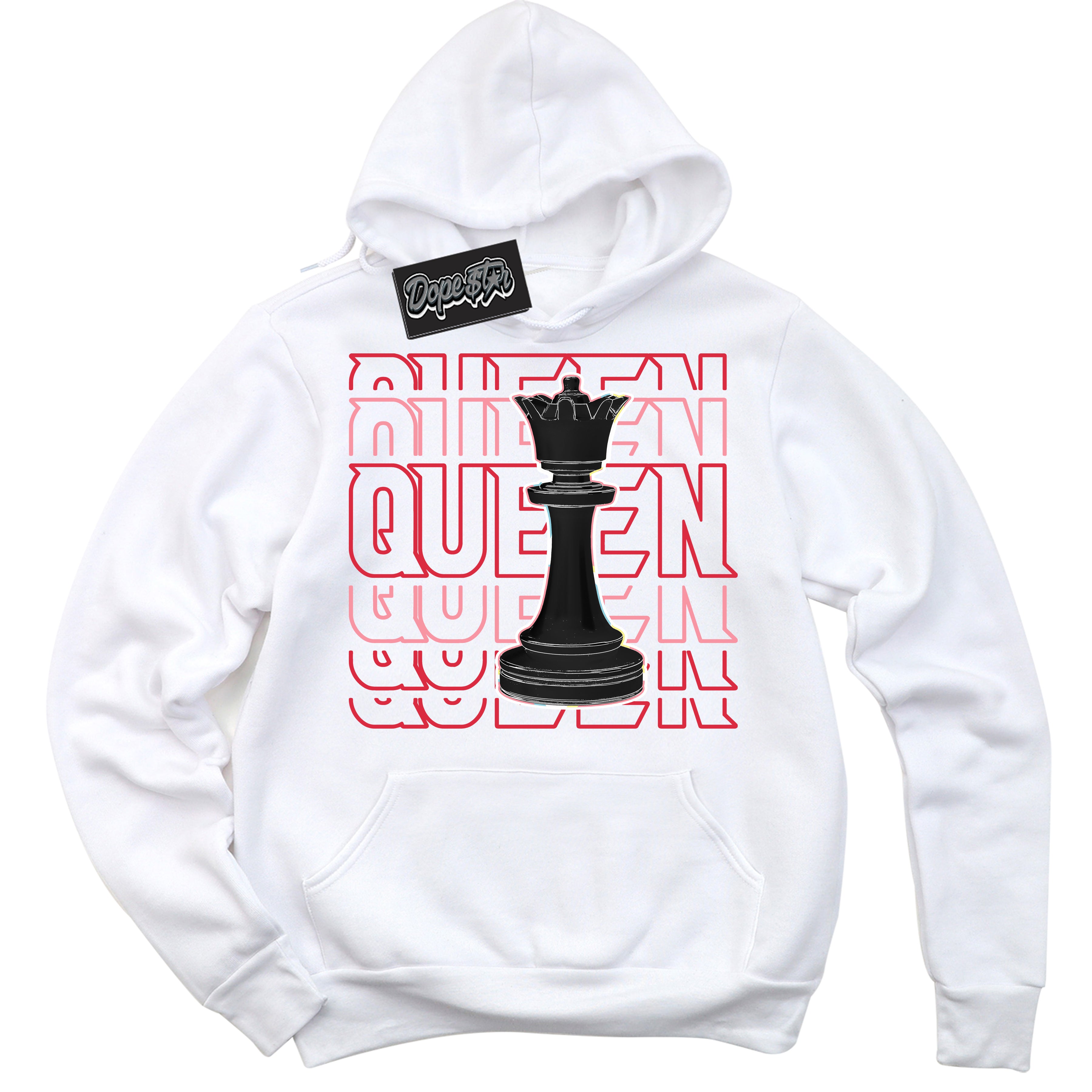 Cool White Graphic DopeStar Hoodie with “ Queen Chess “ print, that perfectly matches Spider-Verse 1s sneakers