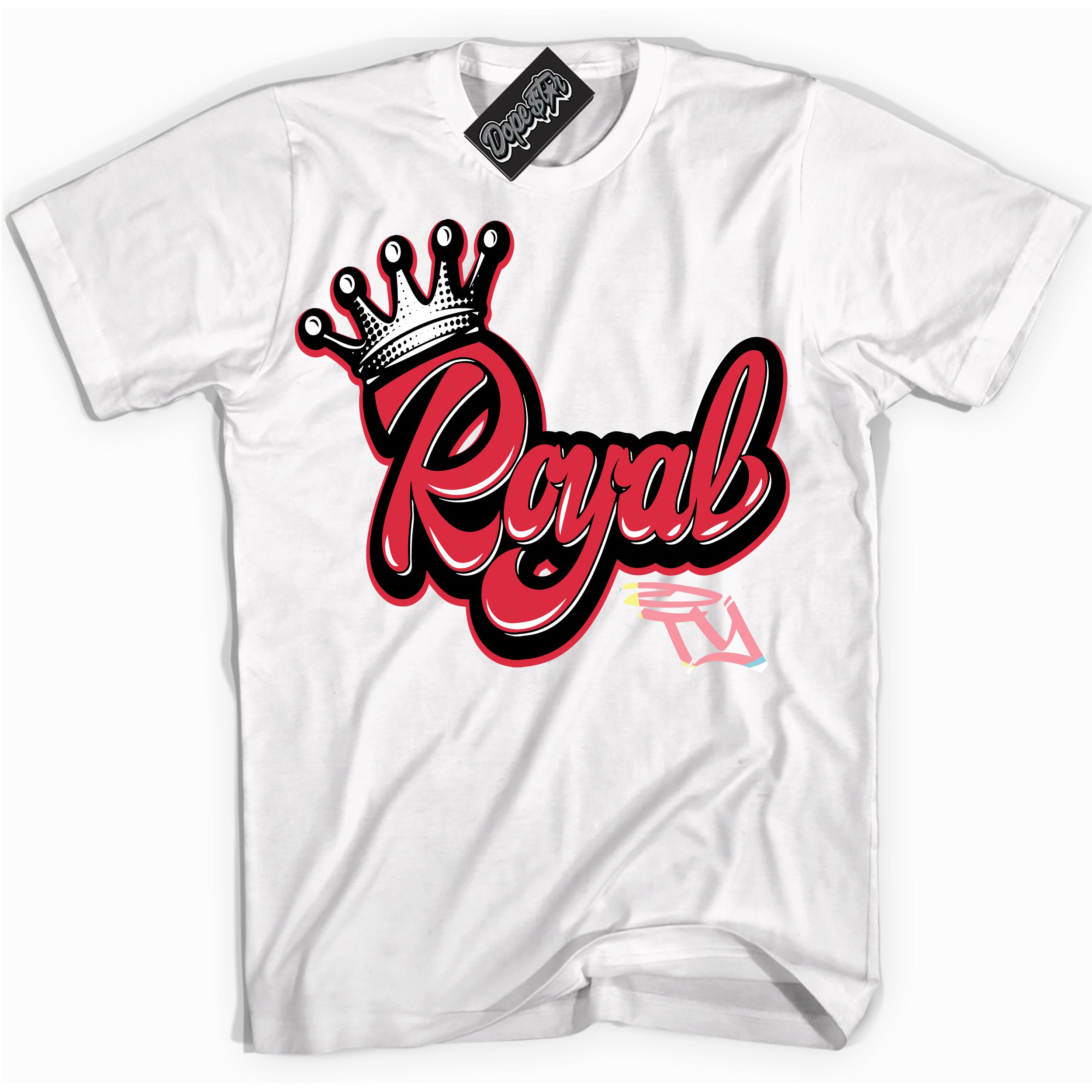 Cool White graphic tee with “ Royalty ” design, that perfectly matches Spider-Verse 1s sneakers