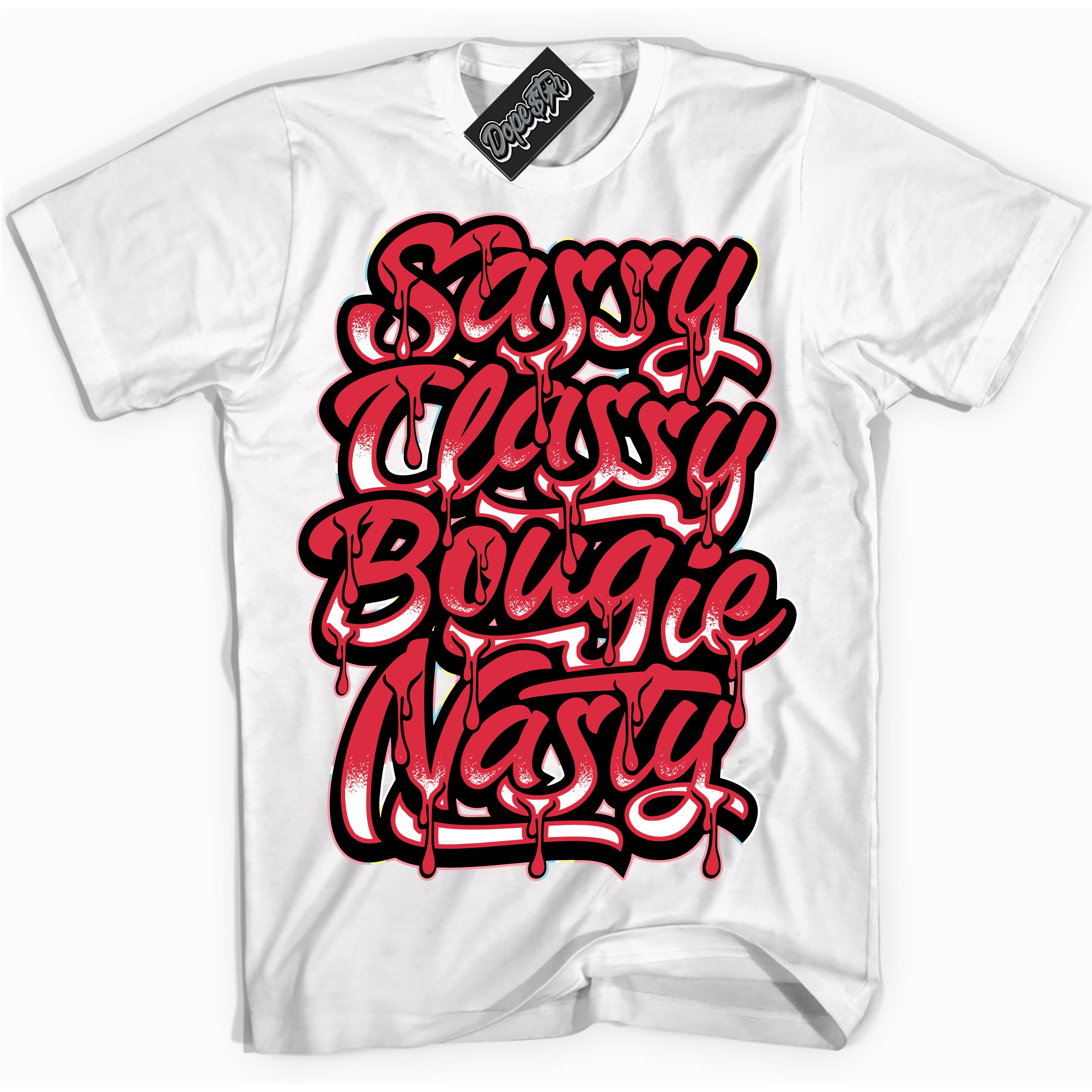 Cool White graphic tee with “ Sassy Classy ” design, that perfectly matches Spider-Verse 1s sneakers