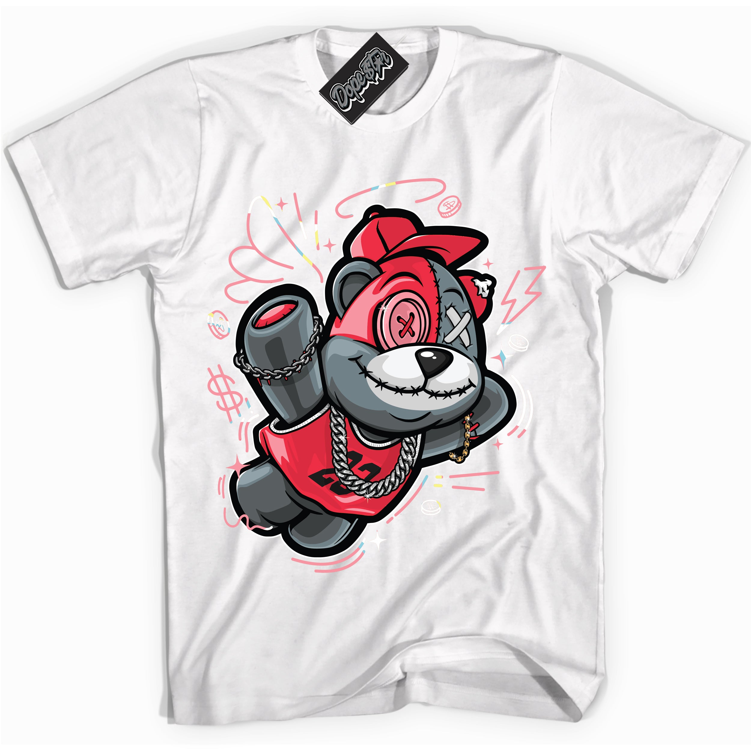 Cool White graphic tee with “ Slam Dunk Bear ” design, that perfectly matches Spider-Verse 1s sneakers