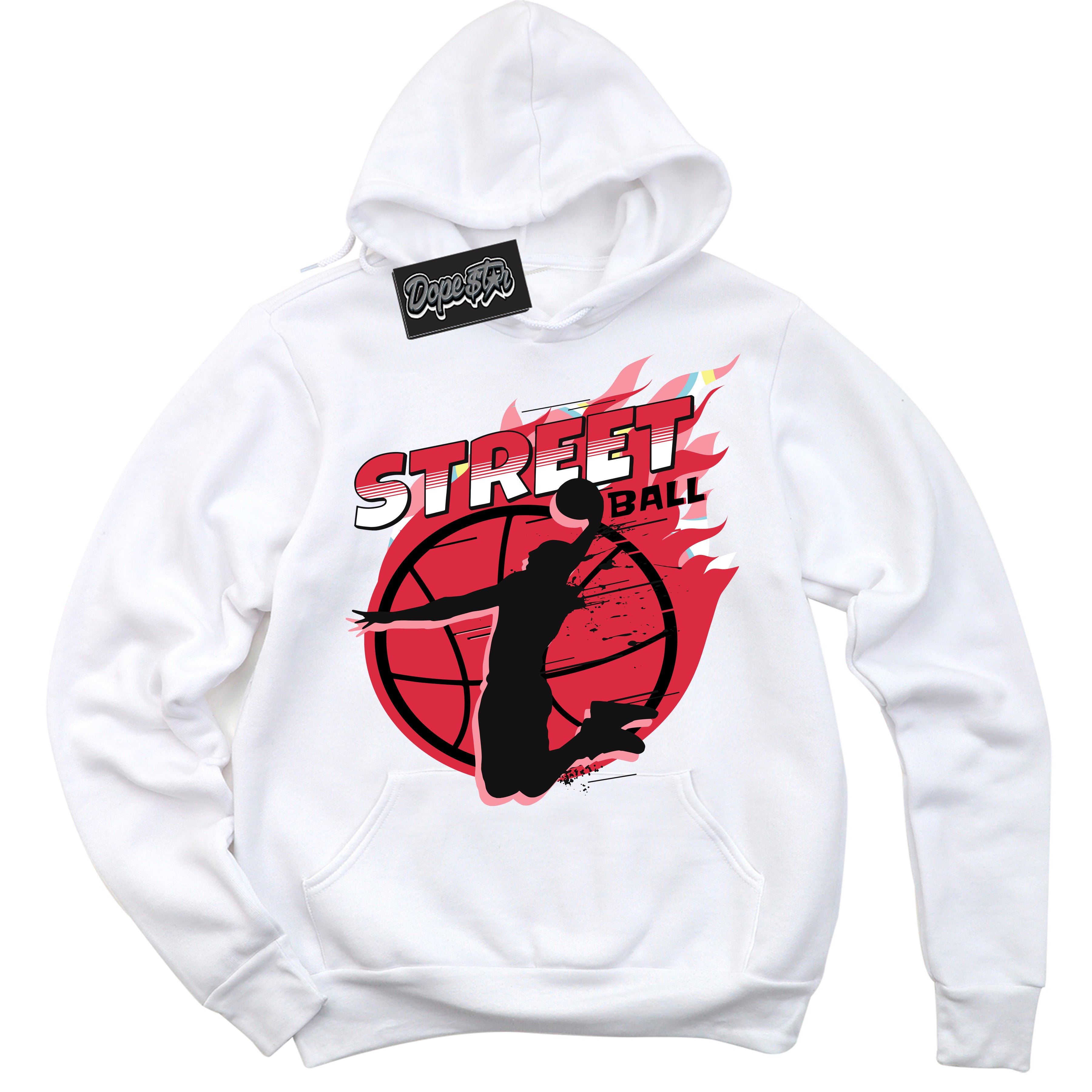 Cool White Graphic DopeStar Hoodie with “ Street Ball “ print, that perfectly matches Spider-Verse 1s sneakers