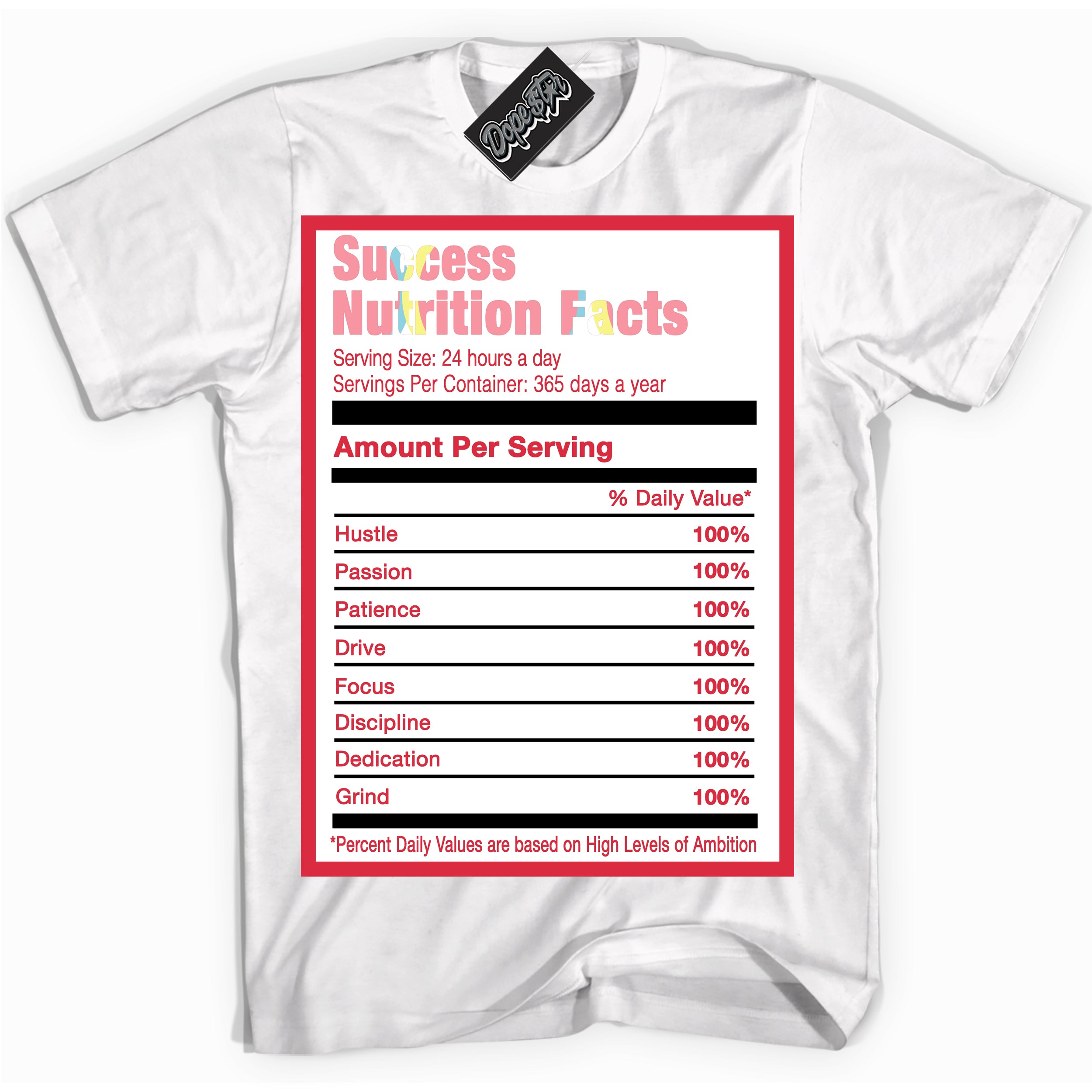 Cool White graphic tee with “ Success Nutrition ” design, that perfectly matches Spider-Verse 1s sneakers