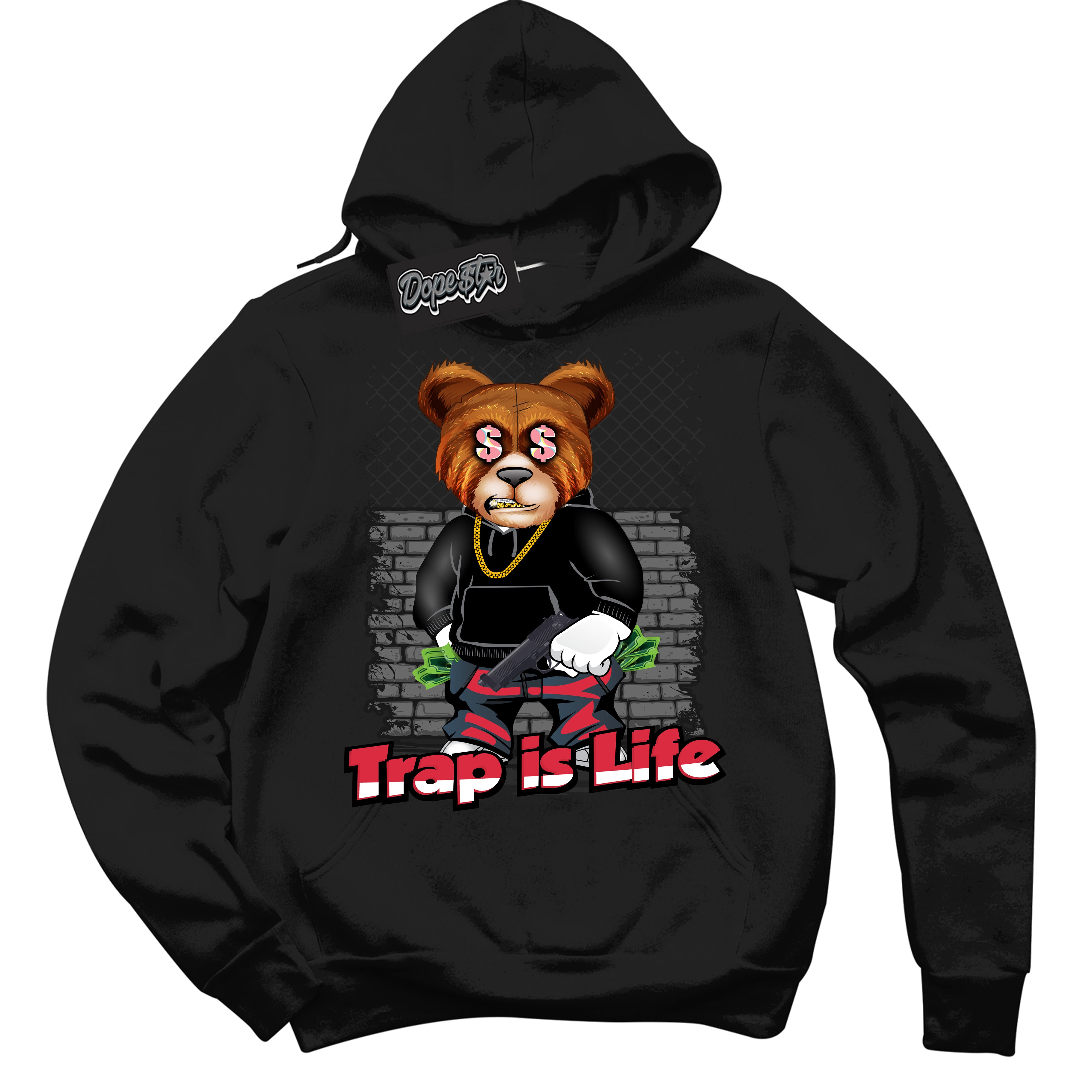 Cool Black Graphic DopeStar Hoodie with “ Trap Is Life “ print, that perfectly matches Spider-Verse 1s sneakers