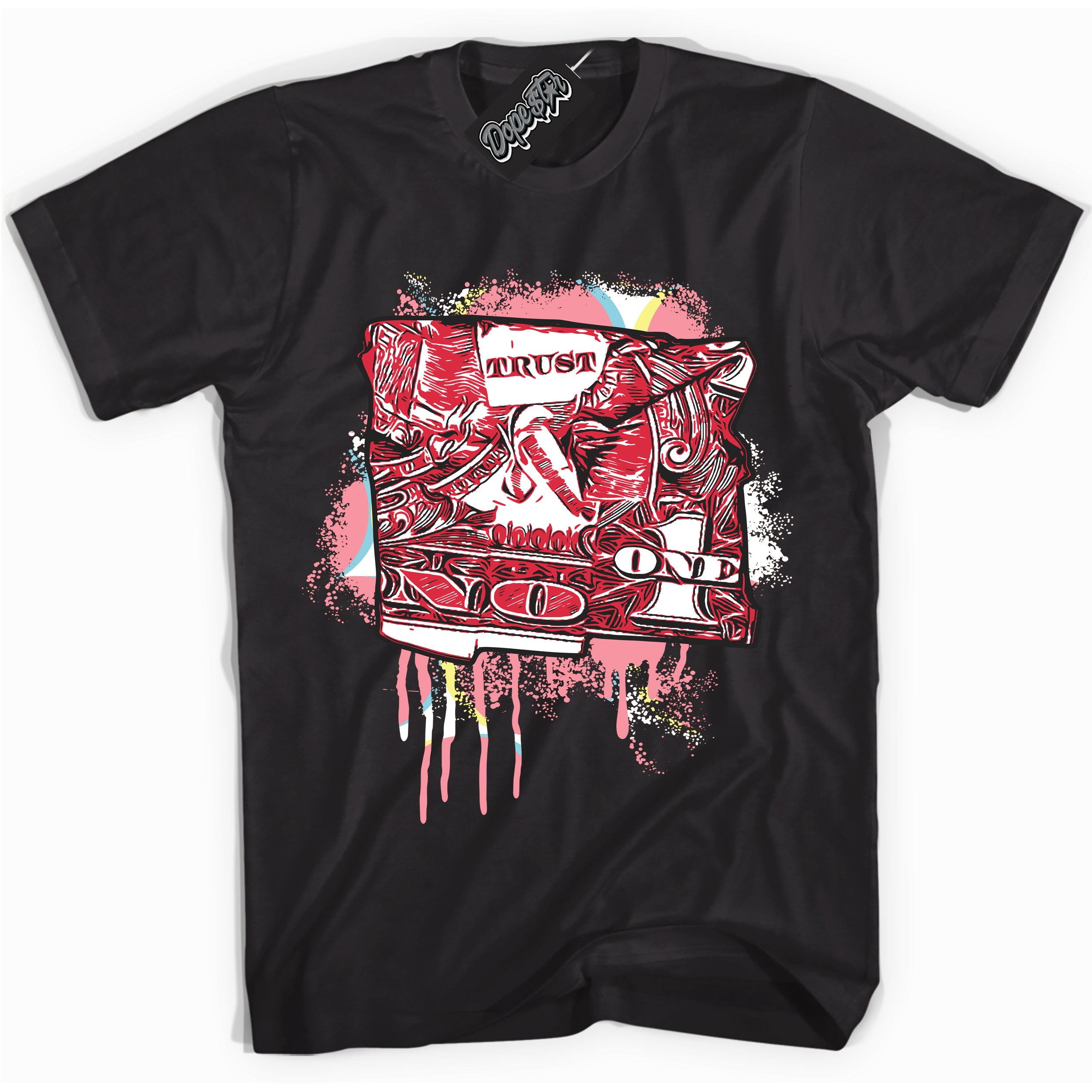 Cool Black graphic tee with “ Trust No One Dollar ” design, that perfectly matches Spider-Verse 1s sneakers