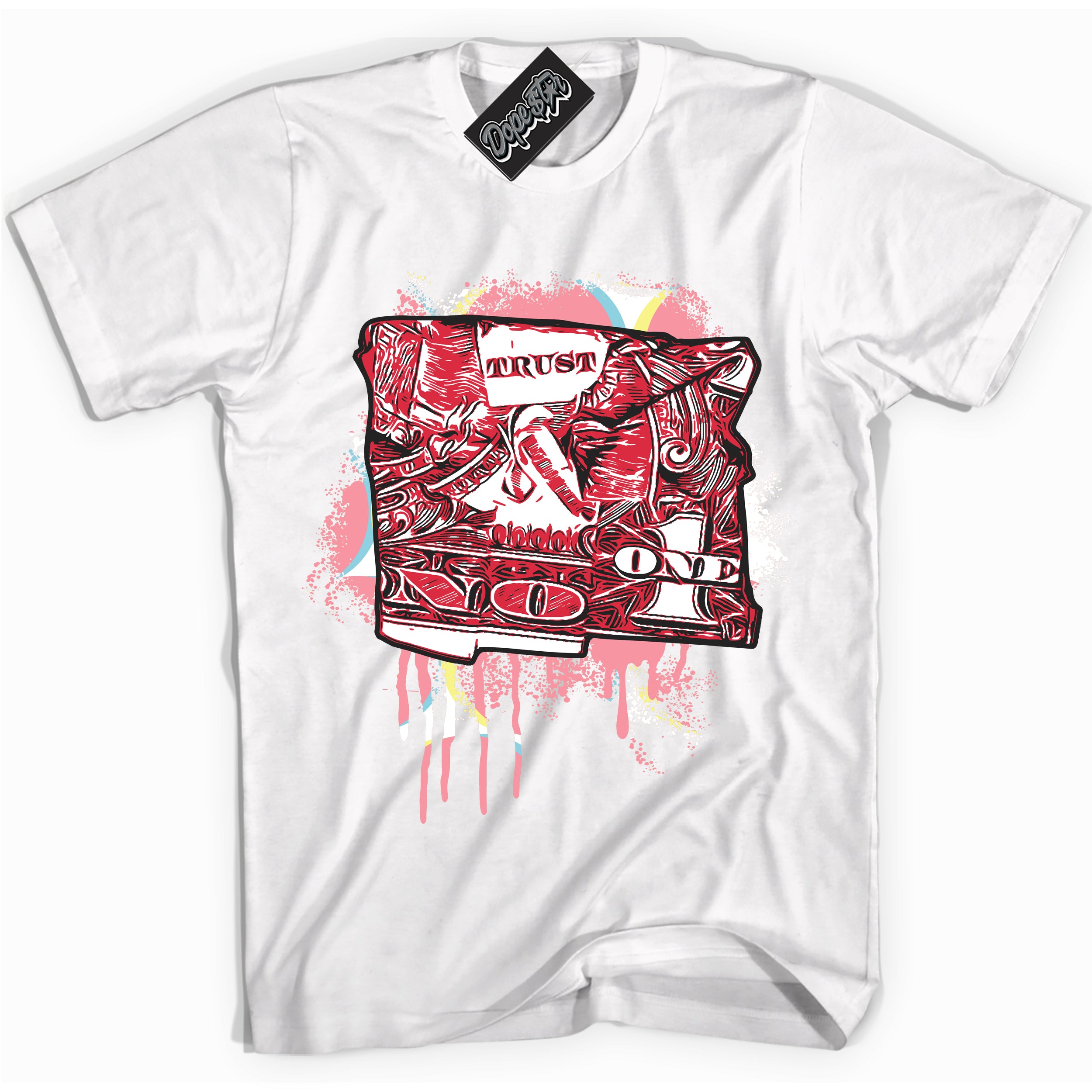 Cool White graphic tee with “ Trust No One Dollar ” design, that perfectly matches Spider-Verse 1s sneakers