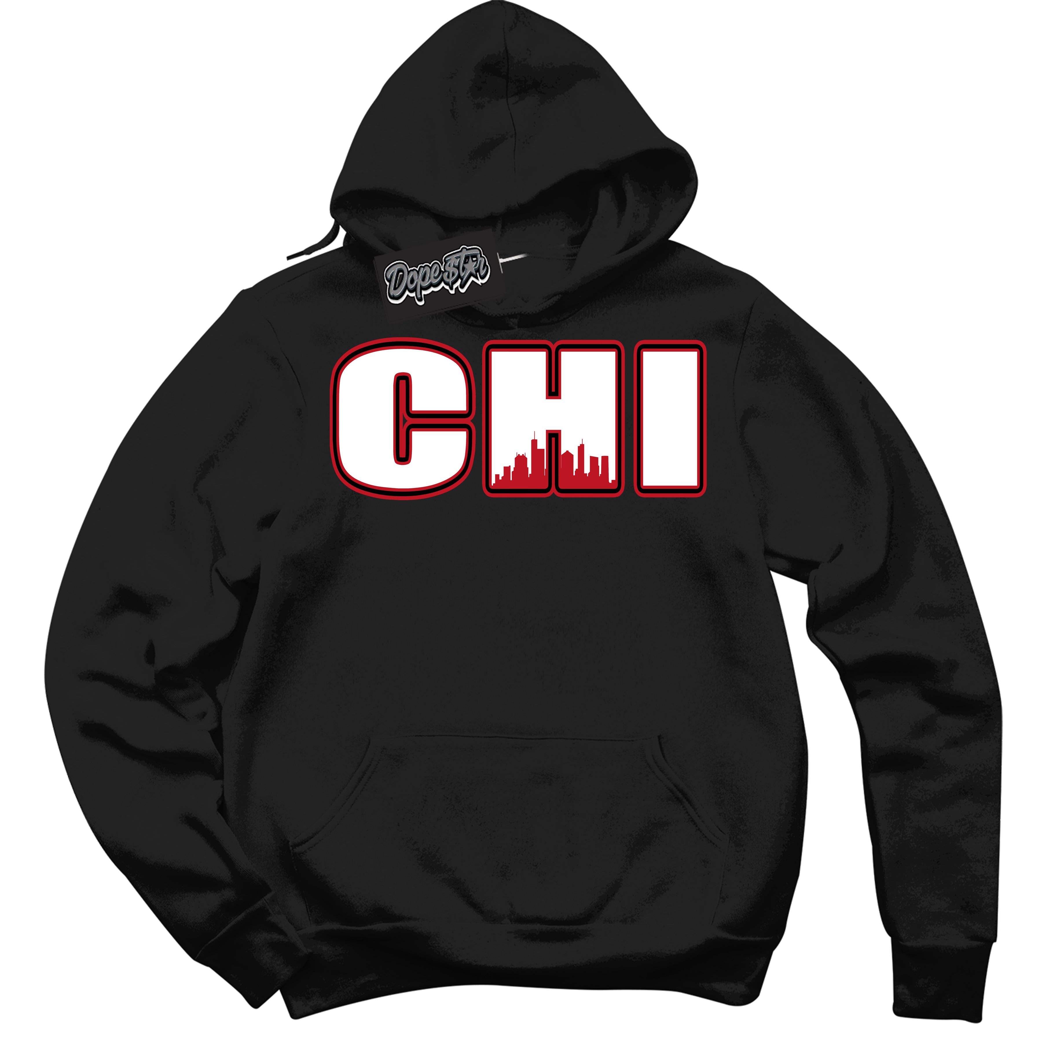 Cool Black Hoodie with “ Chicago ”  design that Perfectly Matches Trophy Room 1s Jordans.