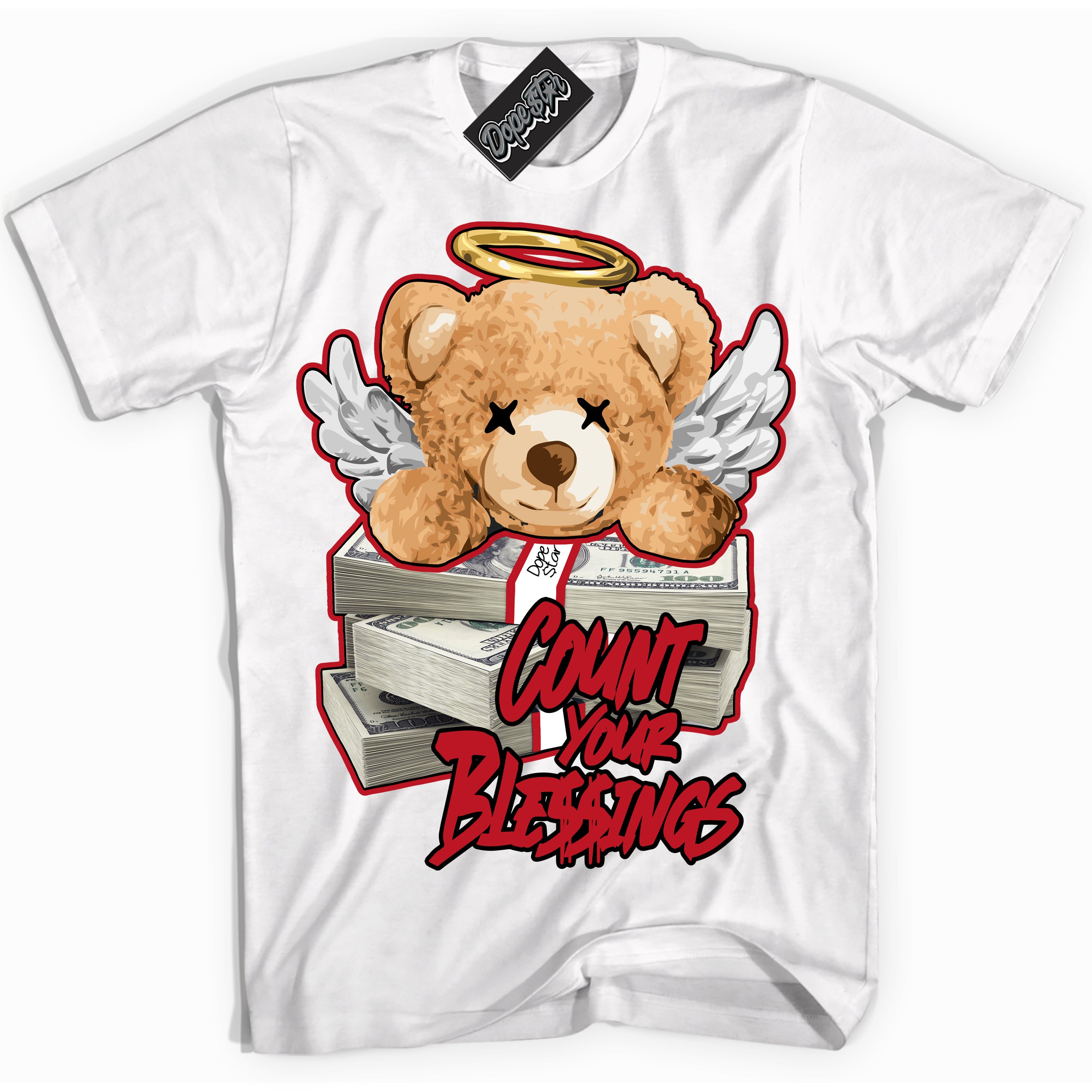 Cool White Shirt with “ Count Your Blessings ” design that perfectly matches Trophy Room 1s Jordans.