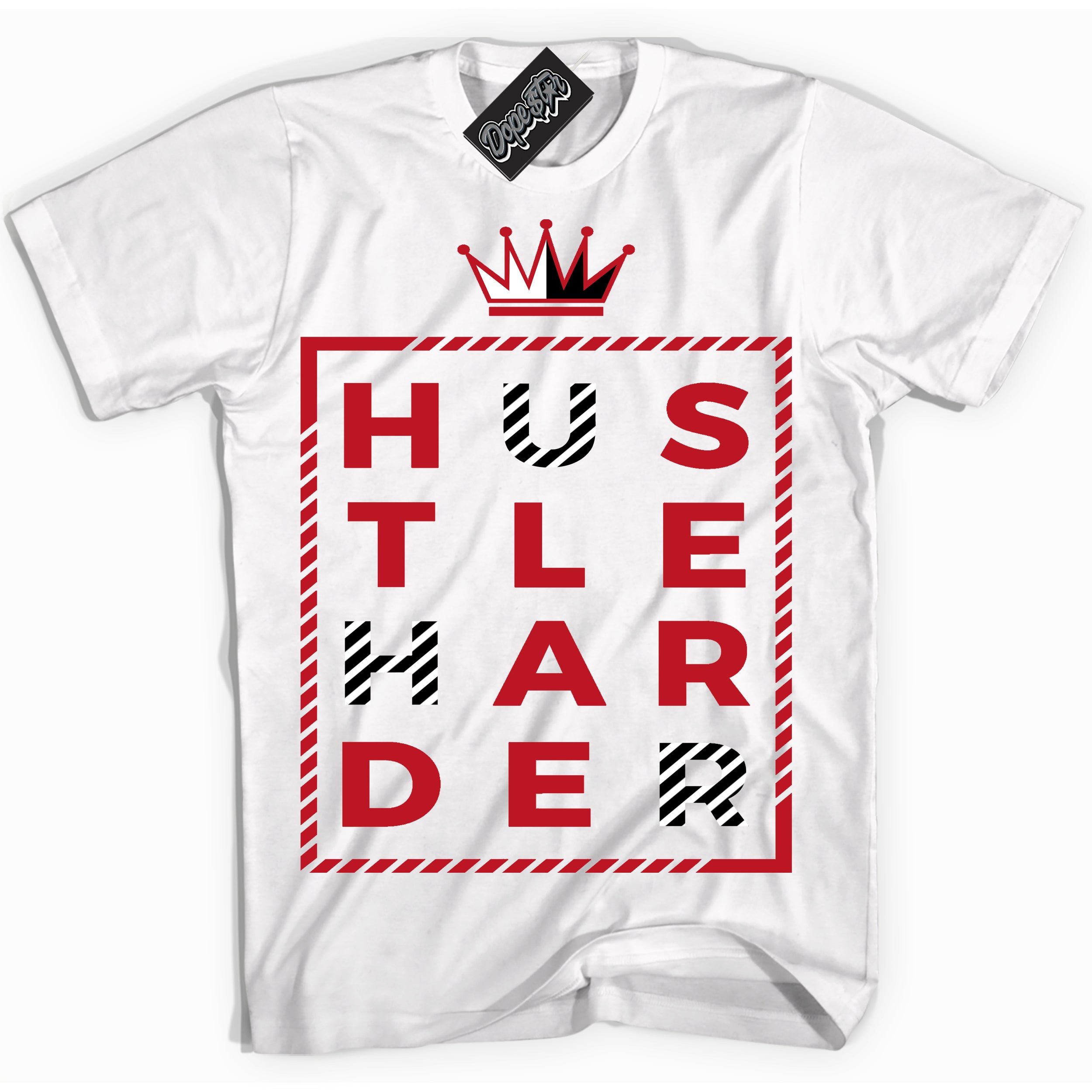 Cool White Shirt with “ Hustle Harder ” design that perfectly matches Trophy Room 1s Jordans.