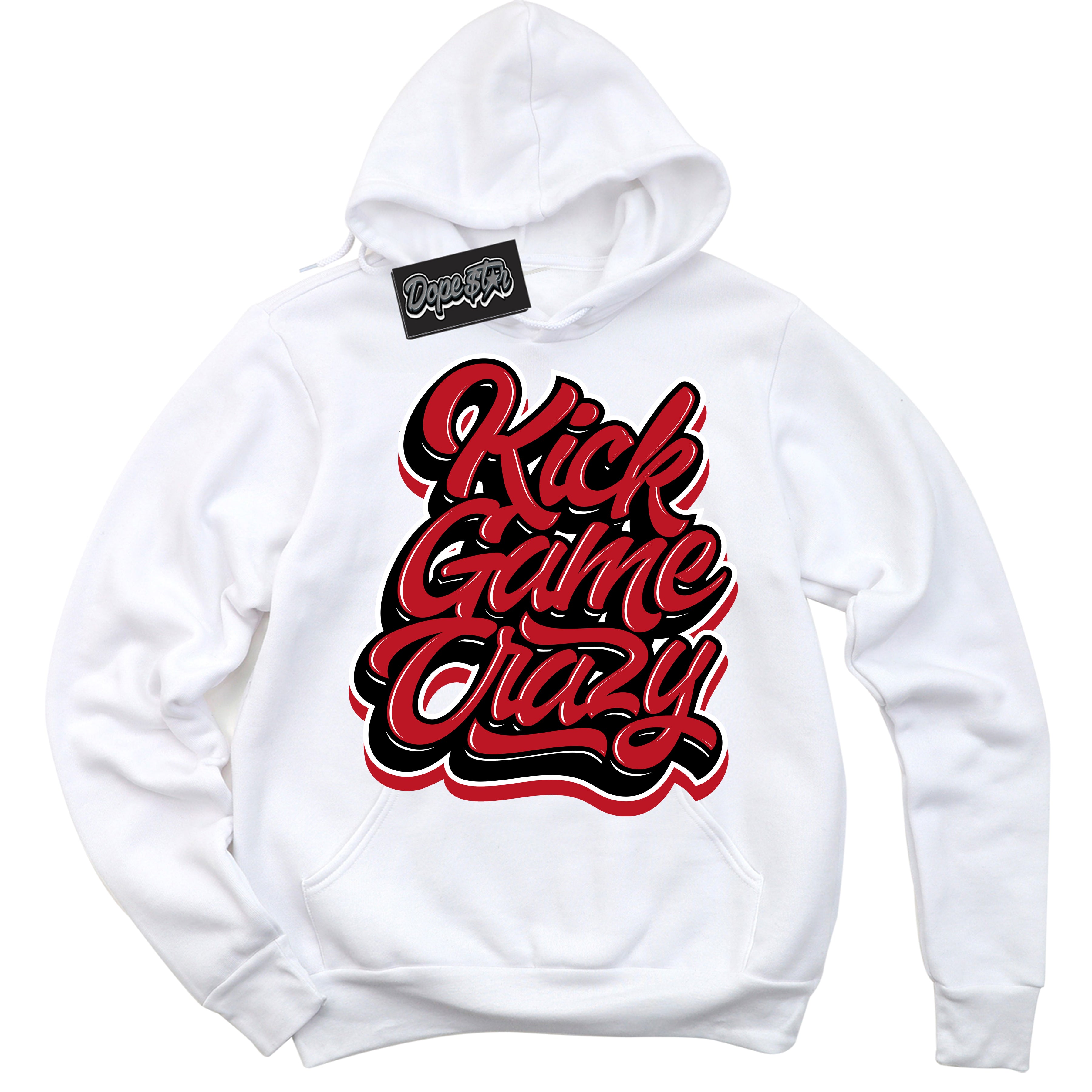 Cool White Hoodie with “ Kick Game Crazy ”  design that Perfectly Matches Trophy Room 1s Jordans.