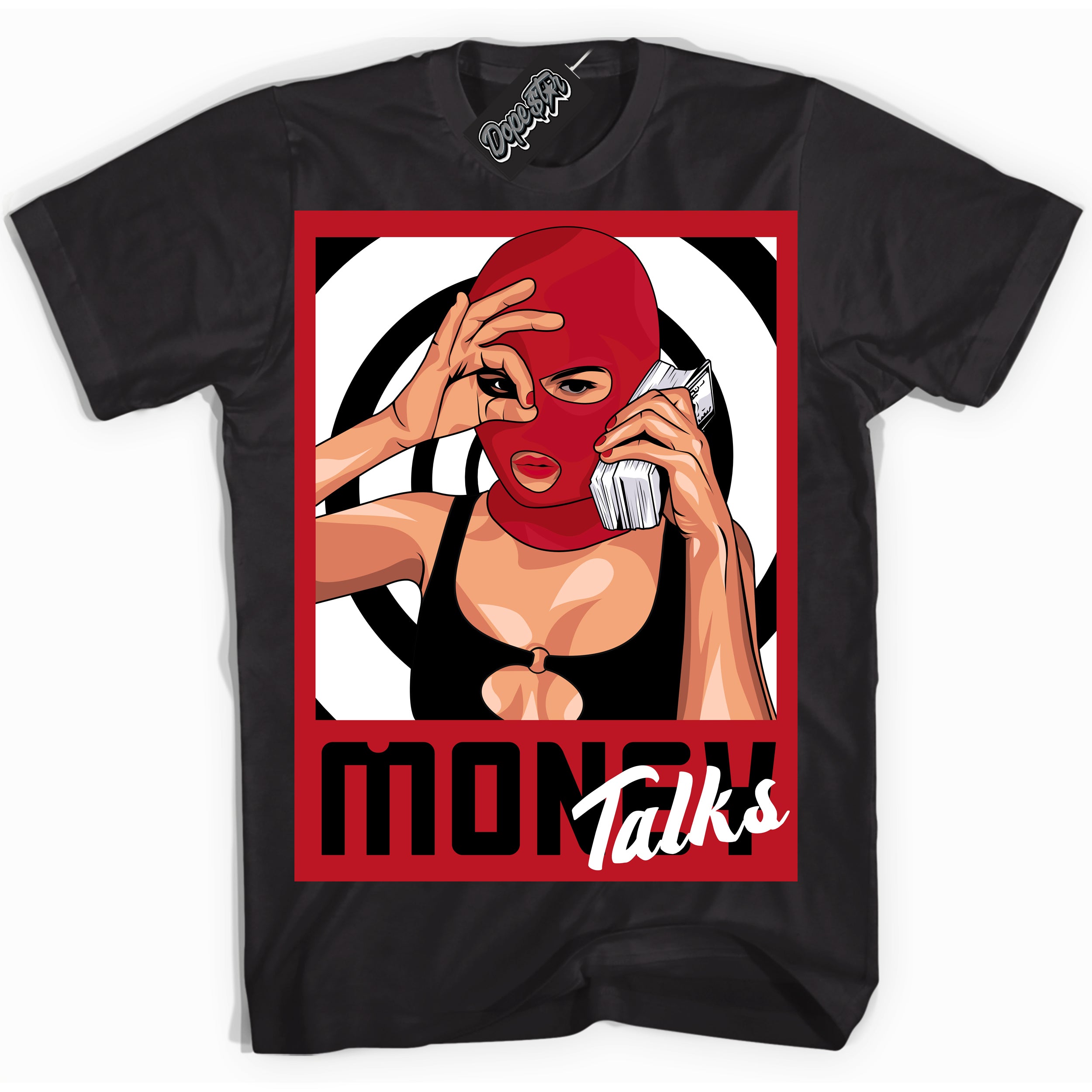 Cool Black Shirt with “ Money Talks ” design that perfectly matches Trophy Room 1s Jordans.