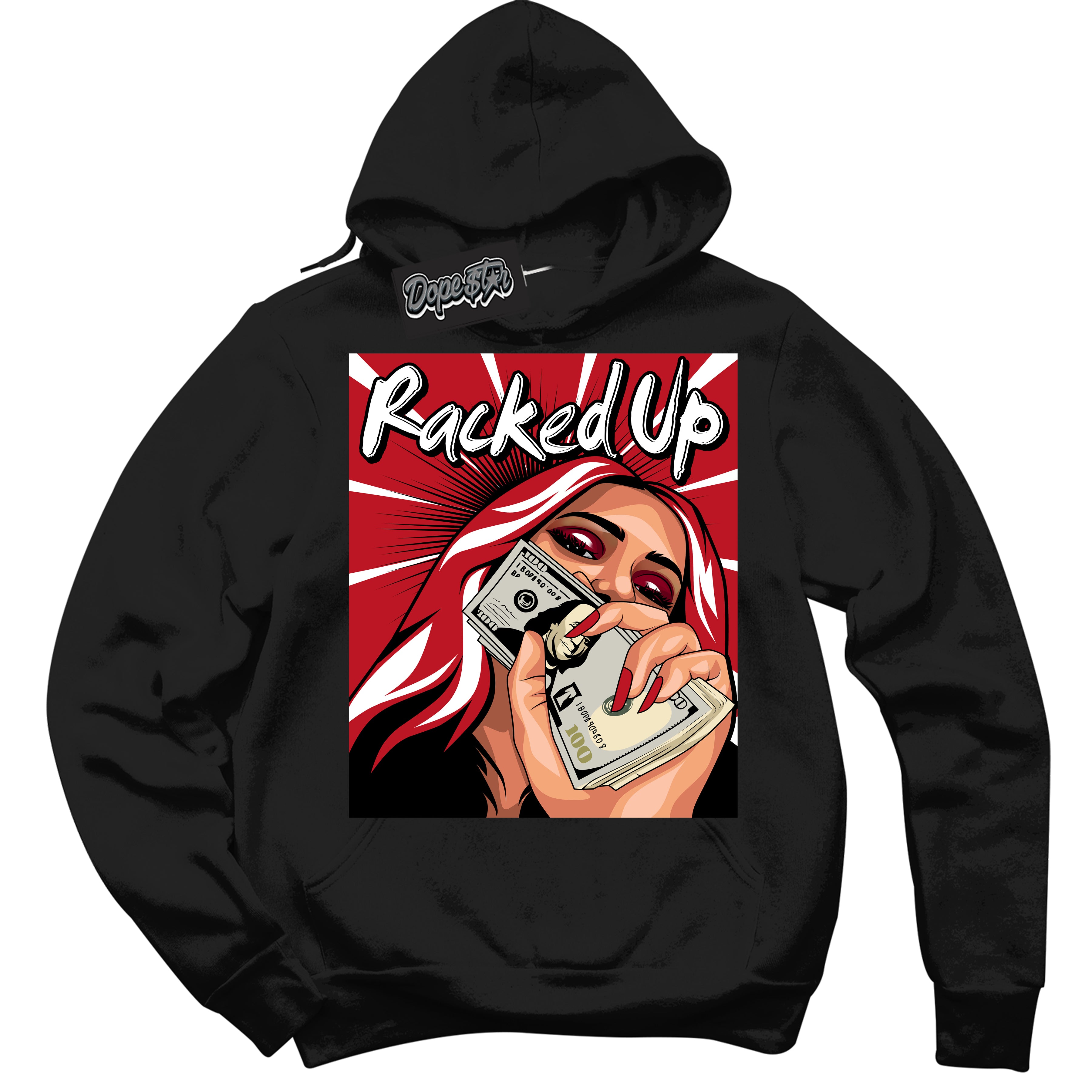 Cool Black Hoodie with “ Racked Up ”  design that Perfectly Matches Trophy Room 1s Jordans.