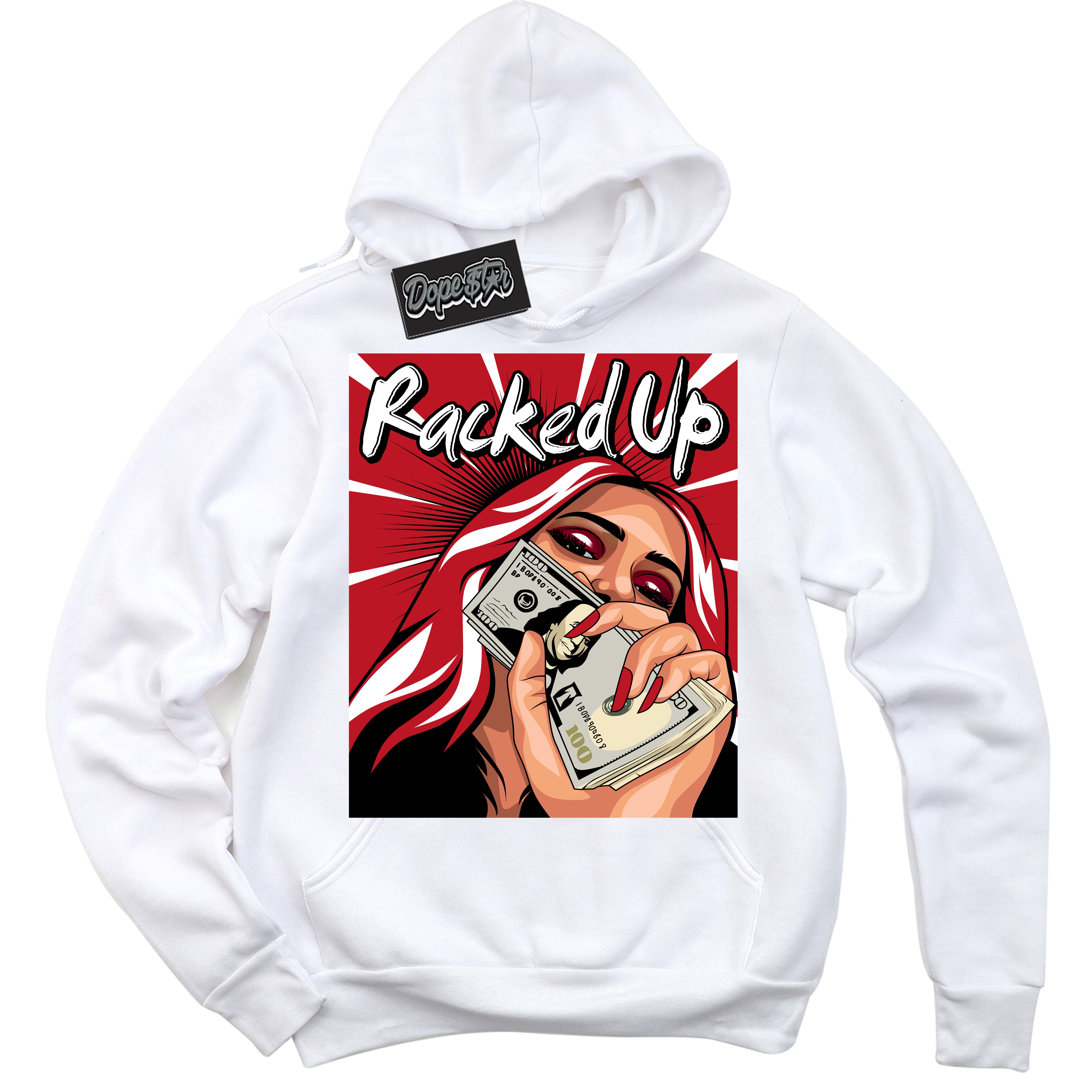 Cool White Hoodie with “ Racked Up ”  design that Perfectly Matches Trophy Room 1s Jordans.