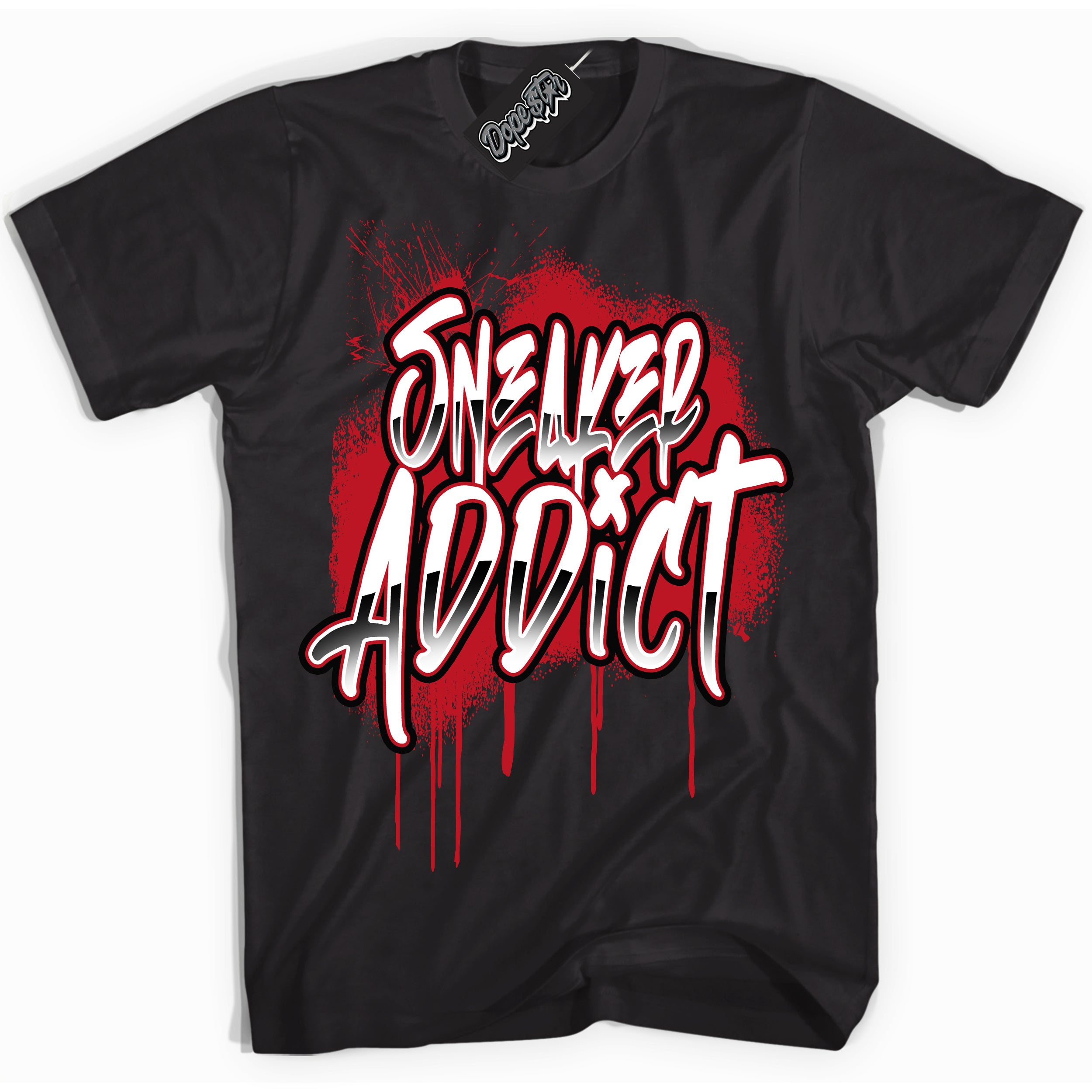 Cool Black Shirt with “ Sneaker Addict ” design that perfectly matches Trophy Room 1s Jordans.
