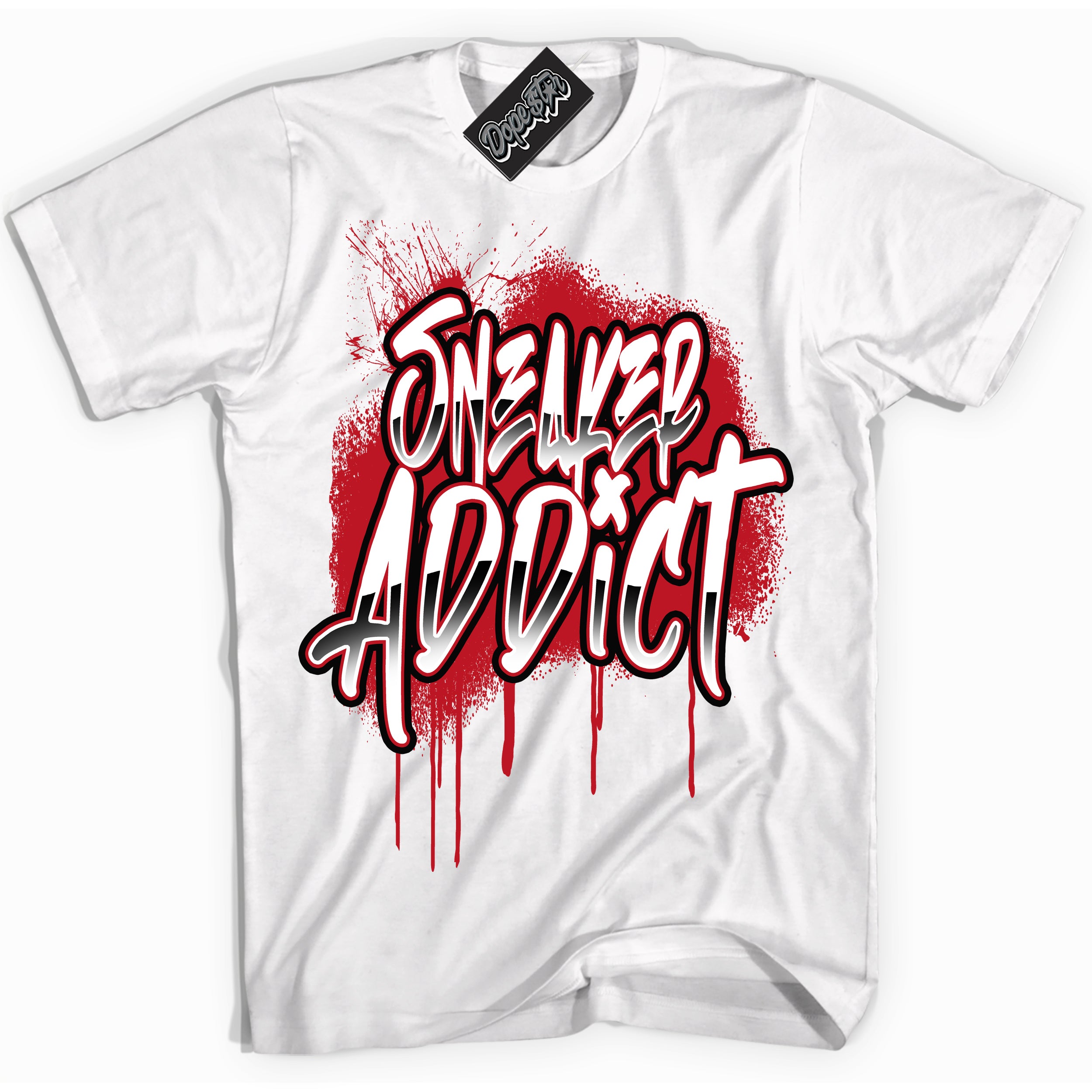 Cool White Shirt with “ Sneaker Addict ” design that perfectly matches Trophy Room 1s Jordans.