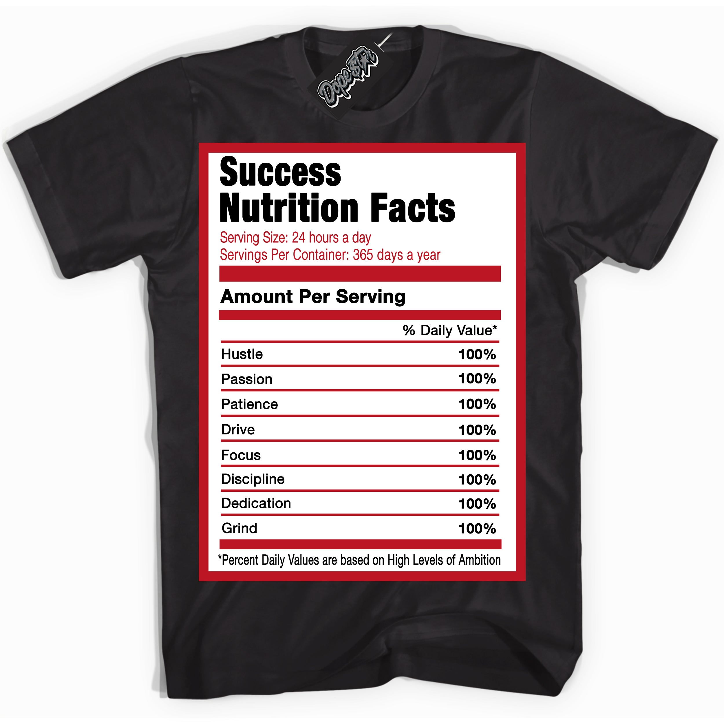 Cool Black Shirt with “ Success Nutrition ” design that perfectly matches Trophy Room 1s Jordans.