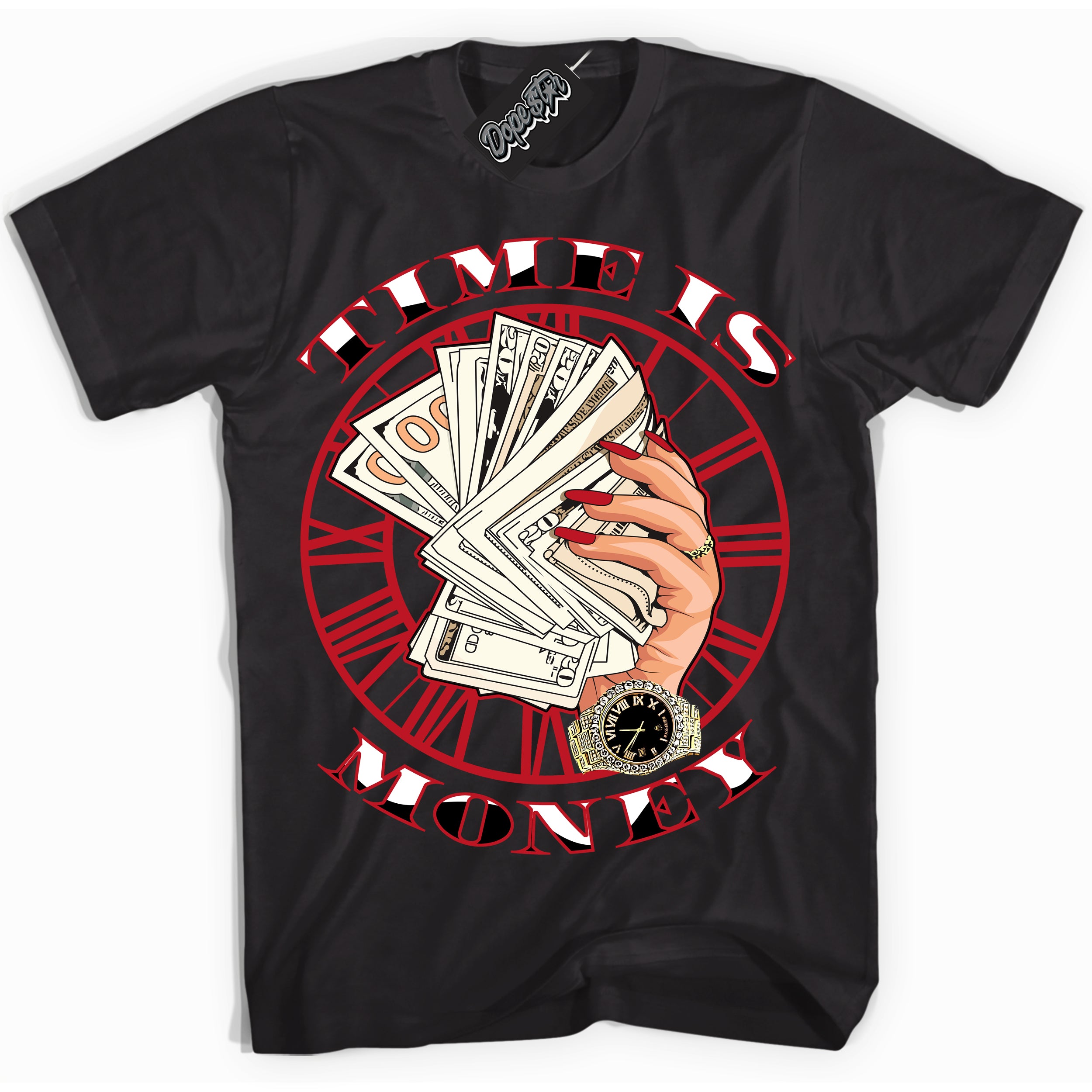 Cool Black Shirt with “ Time Is Money ” design that perfectly matches Trophy Room 1s Jordans.