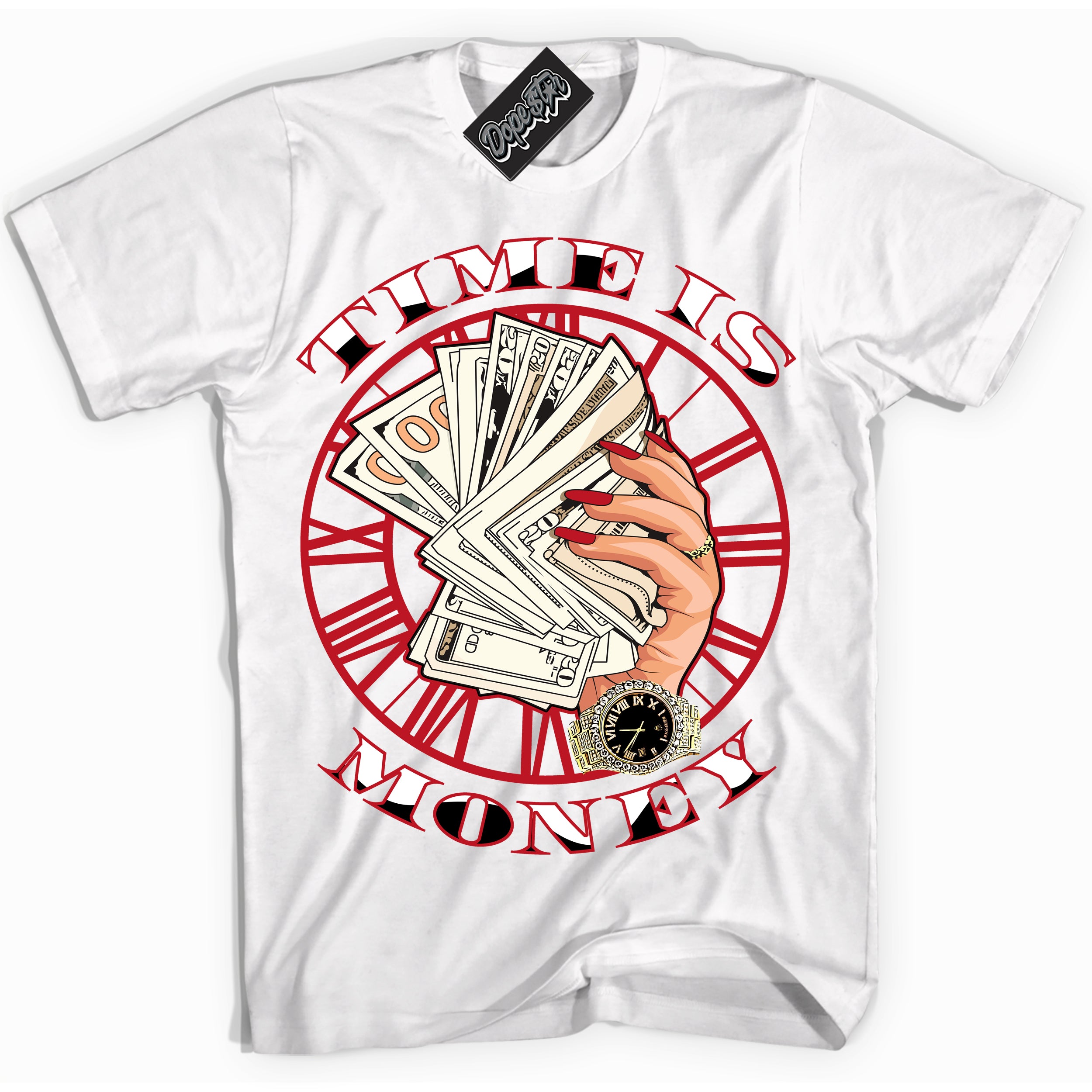 Cool White Shirt with “ Time Is Money ” design that perfectly matches Trophy Room 1s Jordans.
