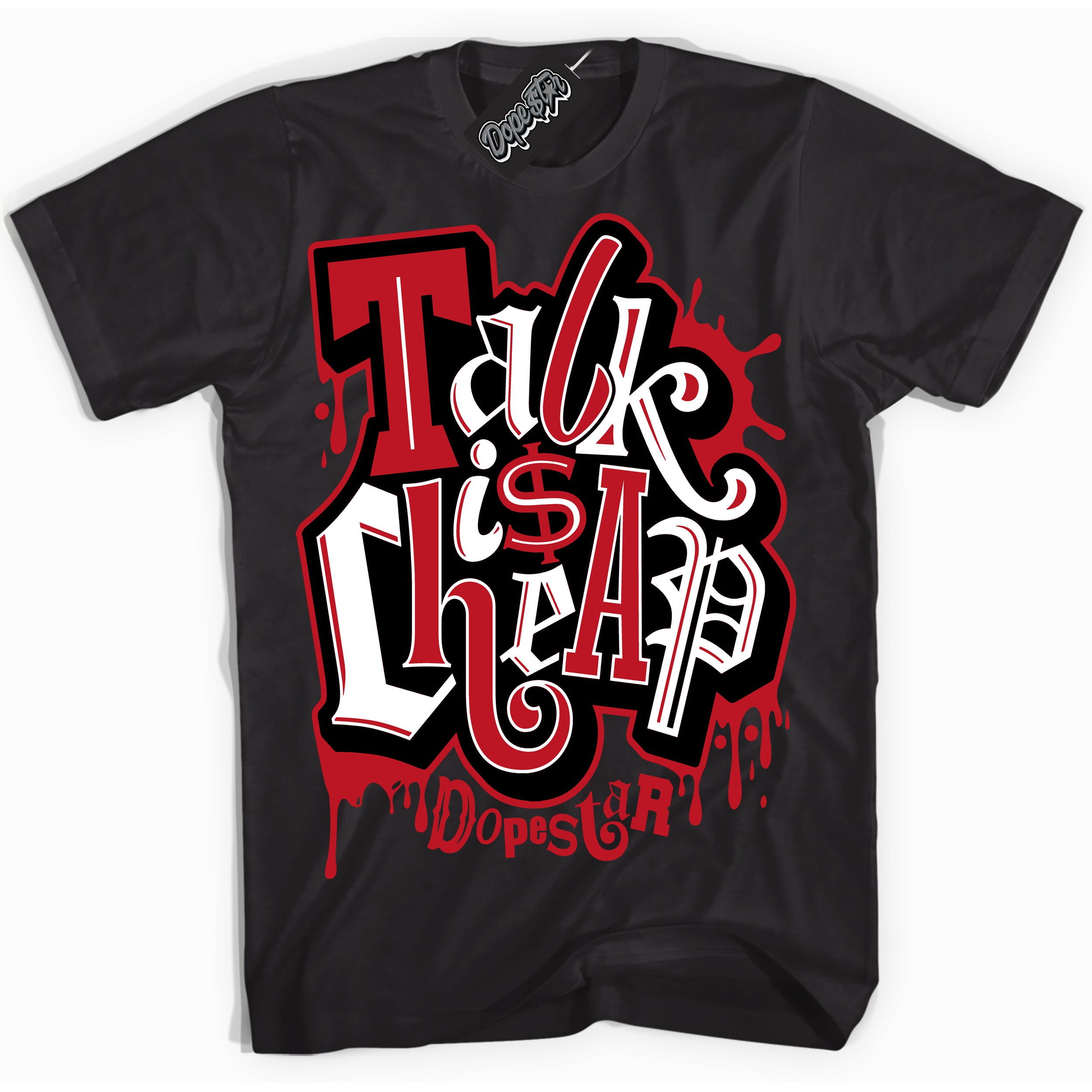 Cool Black Shirt with “ Talk Is Cheap ” design that perfectly matches Trophy Room 1s Jordans.