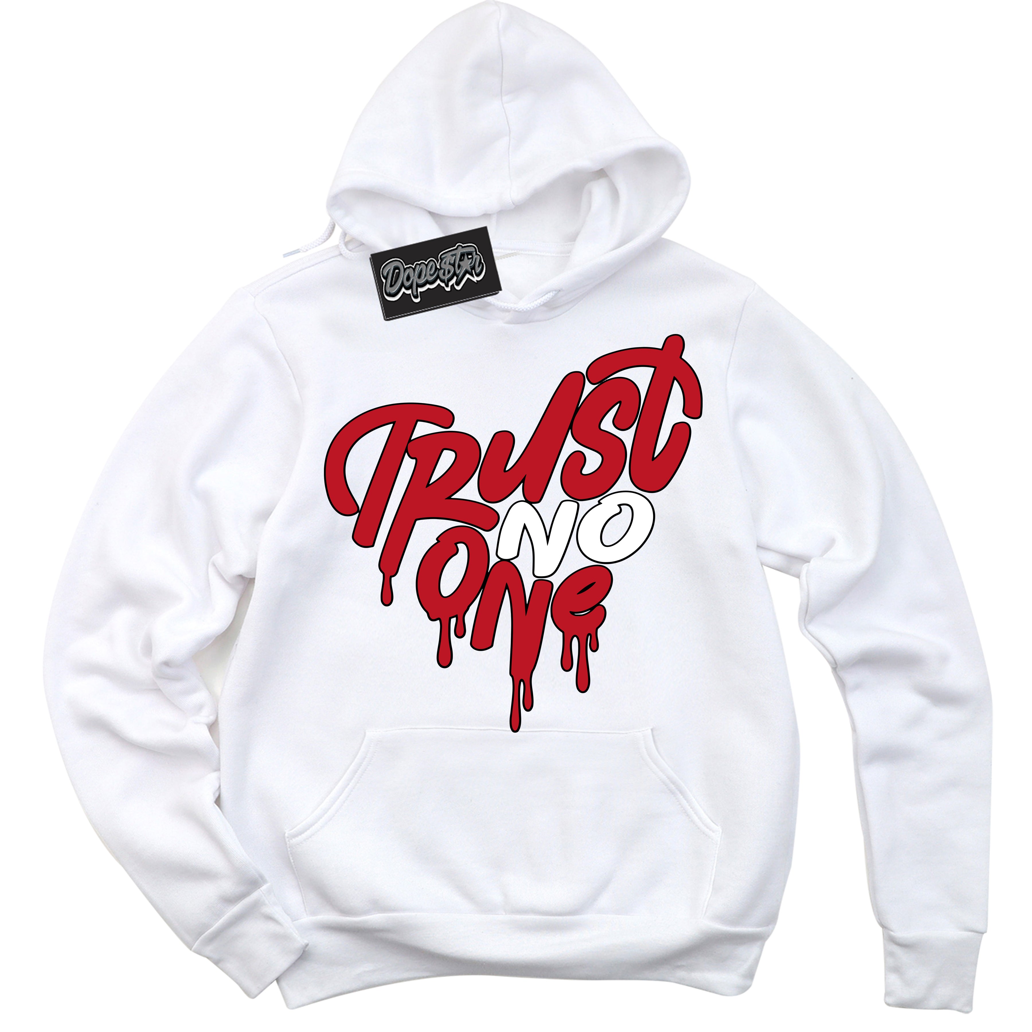 Cool White Hoodie with “ Trust No One Heart ”  design that Perfectly Matches Trophy Room 1s Jordans.
