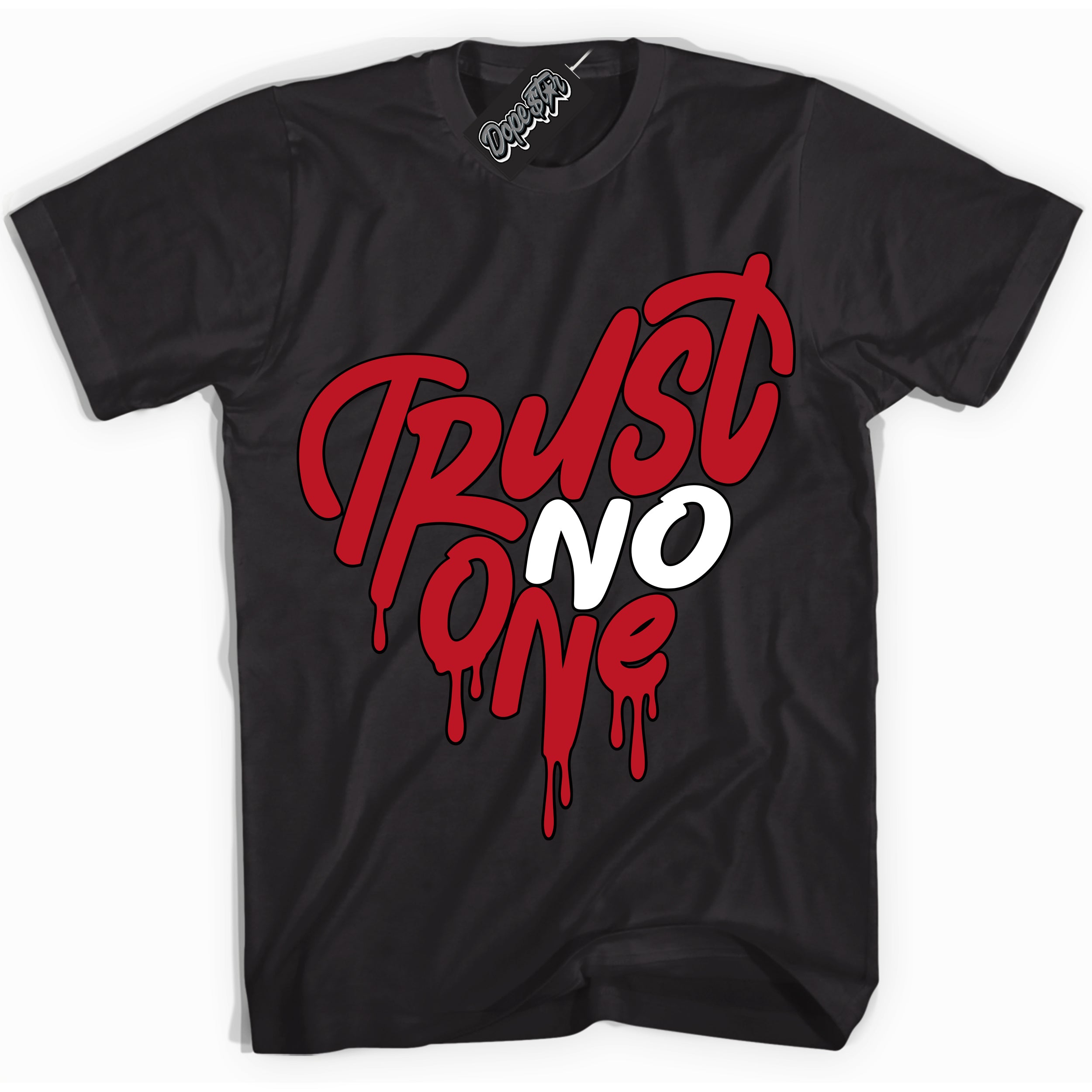 Cool Black Shirt with “ Trust No One Heart ” design that perfectly matches Trophy Room 1s Jordans.