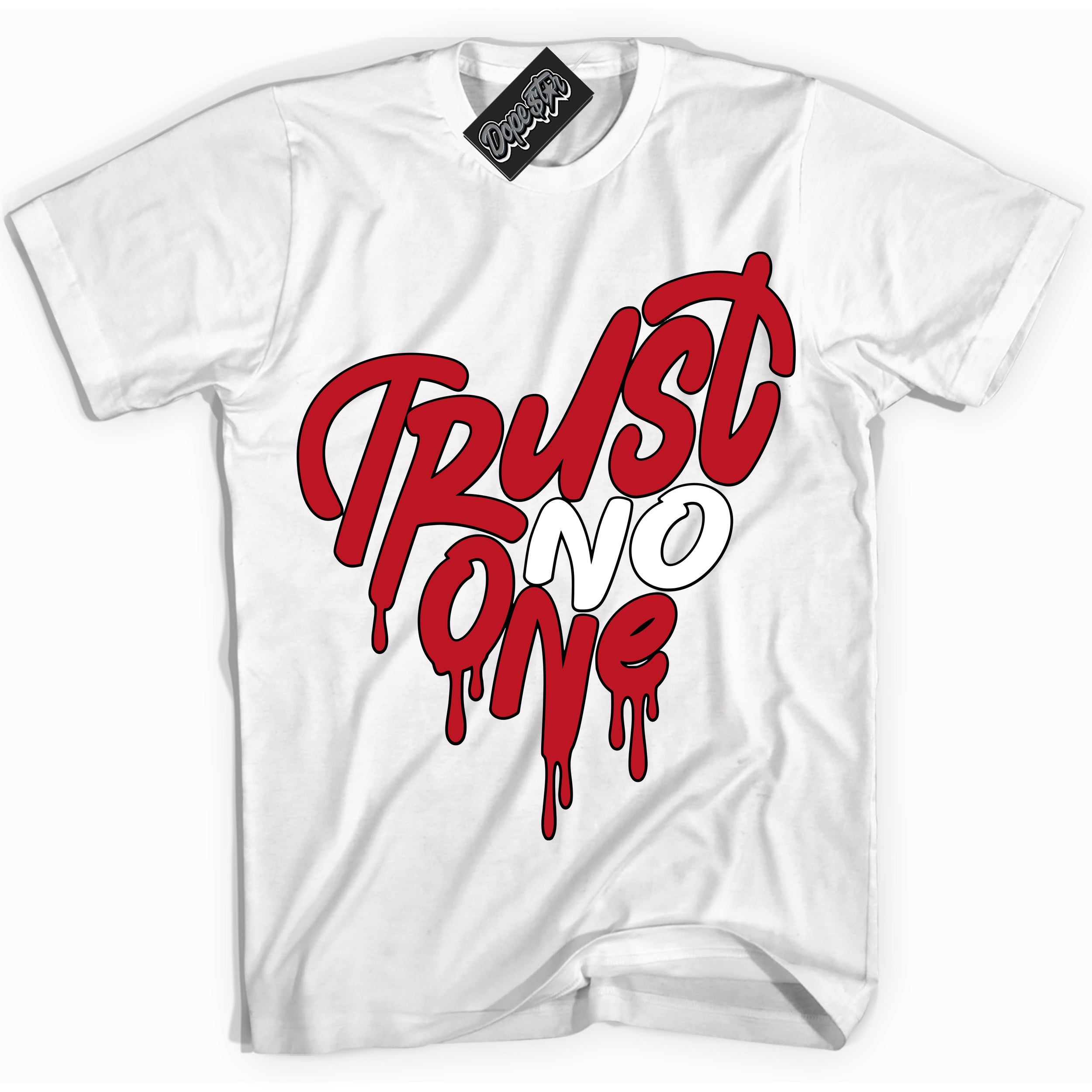 Cool White Shirt with “ Trust No One Heart ” design that perfectly matches Trophy Room 1s Jordans.