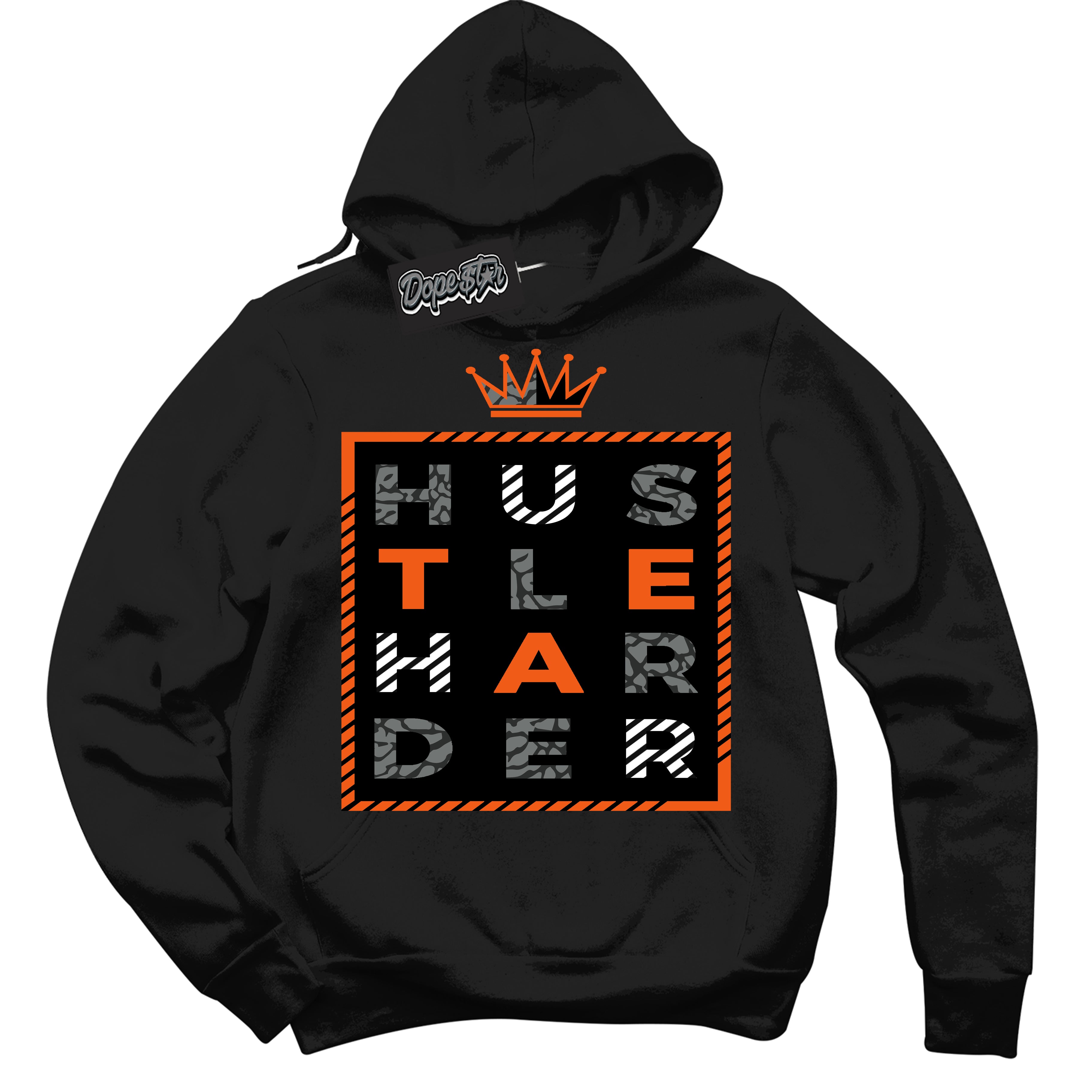 Cool Black Graphic DopeStar Hoodie with “  Hustle Harder  “ print, that perfectly matches Fear Pack 3s sneakers