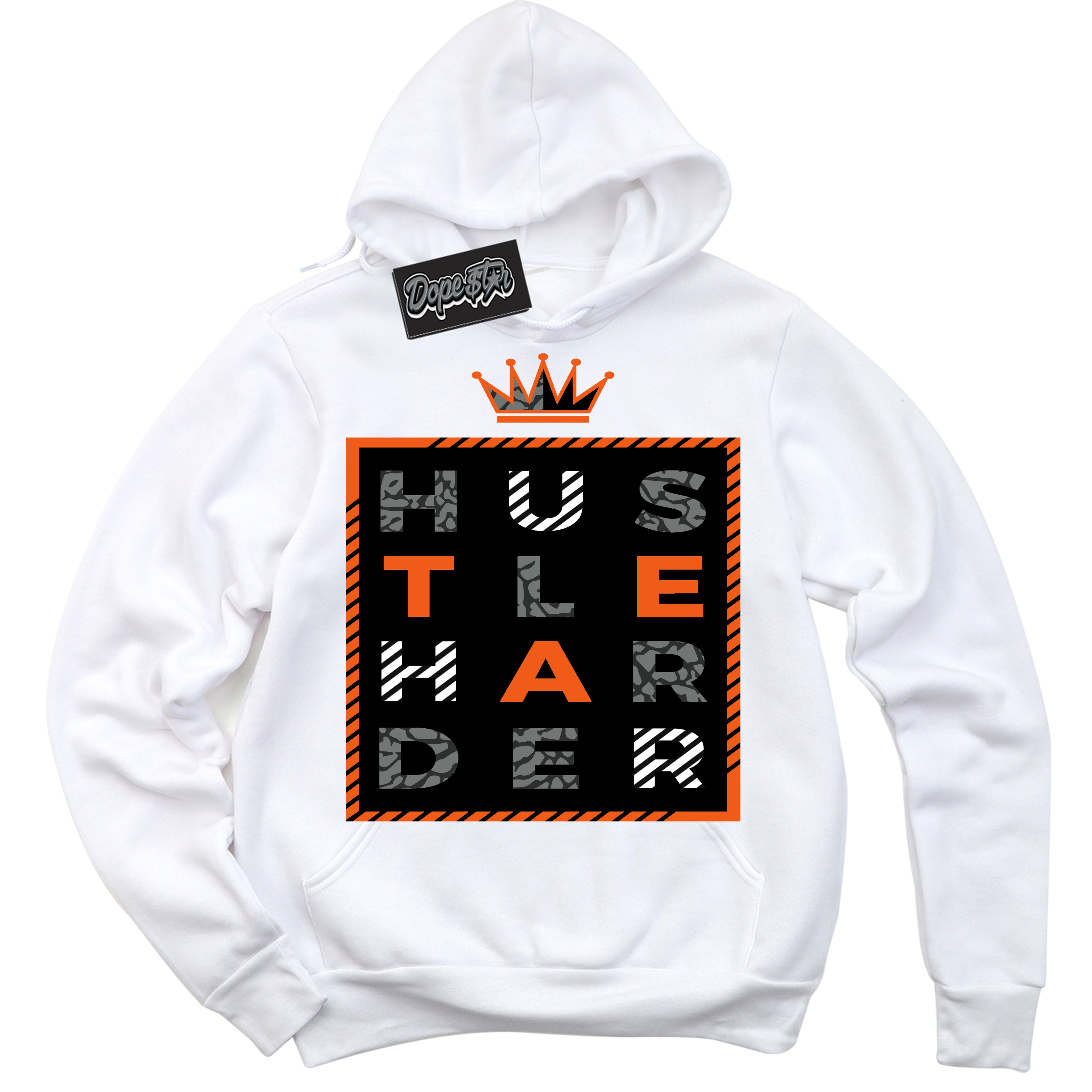 Cool White Graphic DopeStar Hoodie with “  Hustle Harder “ print, that perfectly matches Fear Pack 3s sneakers