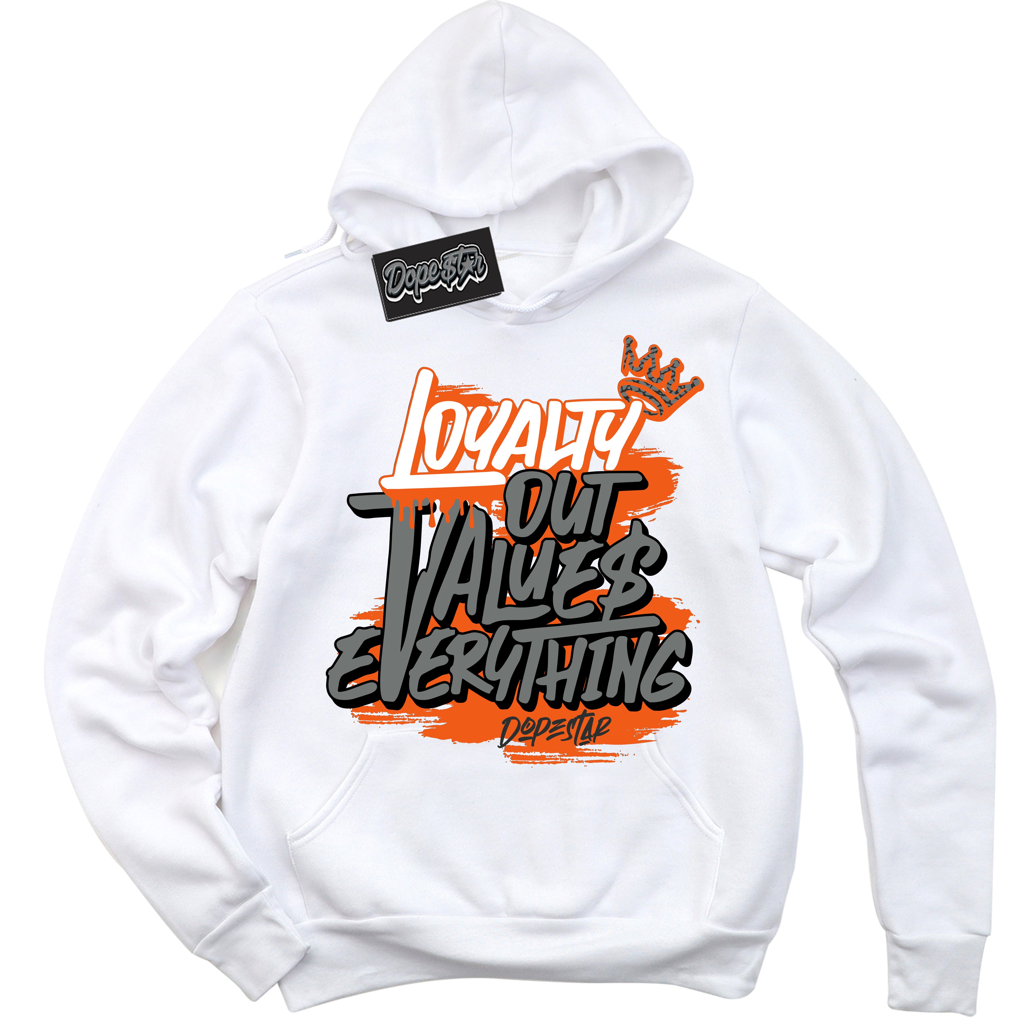 Cool White Graphic DopeStar Hoodie with “  Loyalty Out Values Everything “ print, that perfectly matches Fear Pack 3s sneakers